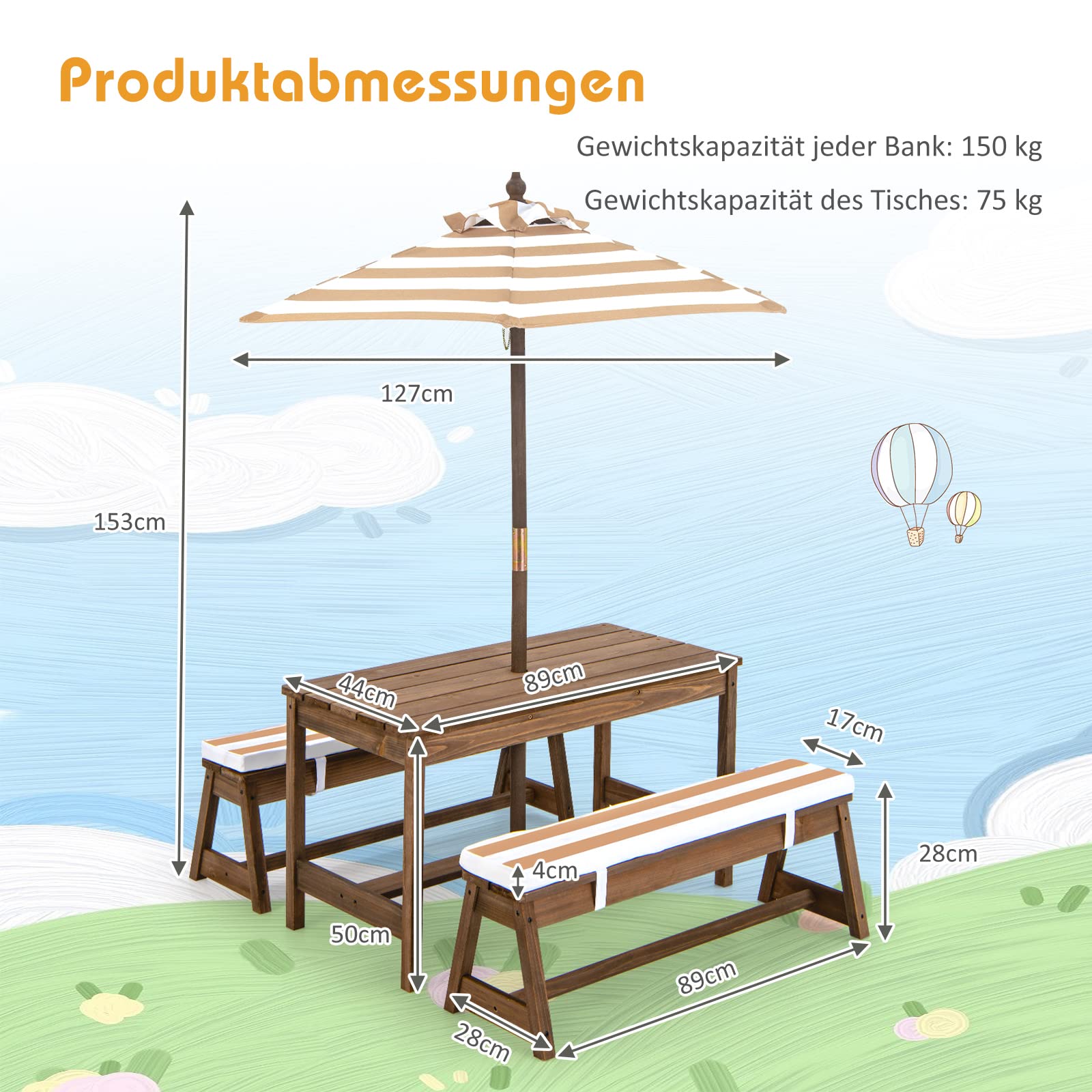 COSTWAY Kindersitzgruppe, Kinder Picknicktisch mit Bänke, Kissen & Sonnenschirm, Kindersitzgarnitur aus Holz, Sitzgarnitur, Sitzgruppe Outdoor, Gartenmöbel für Garten, Hinterhof, Terrasse (Hellbraun)