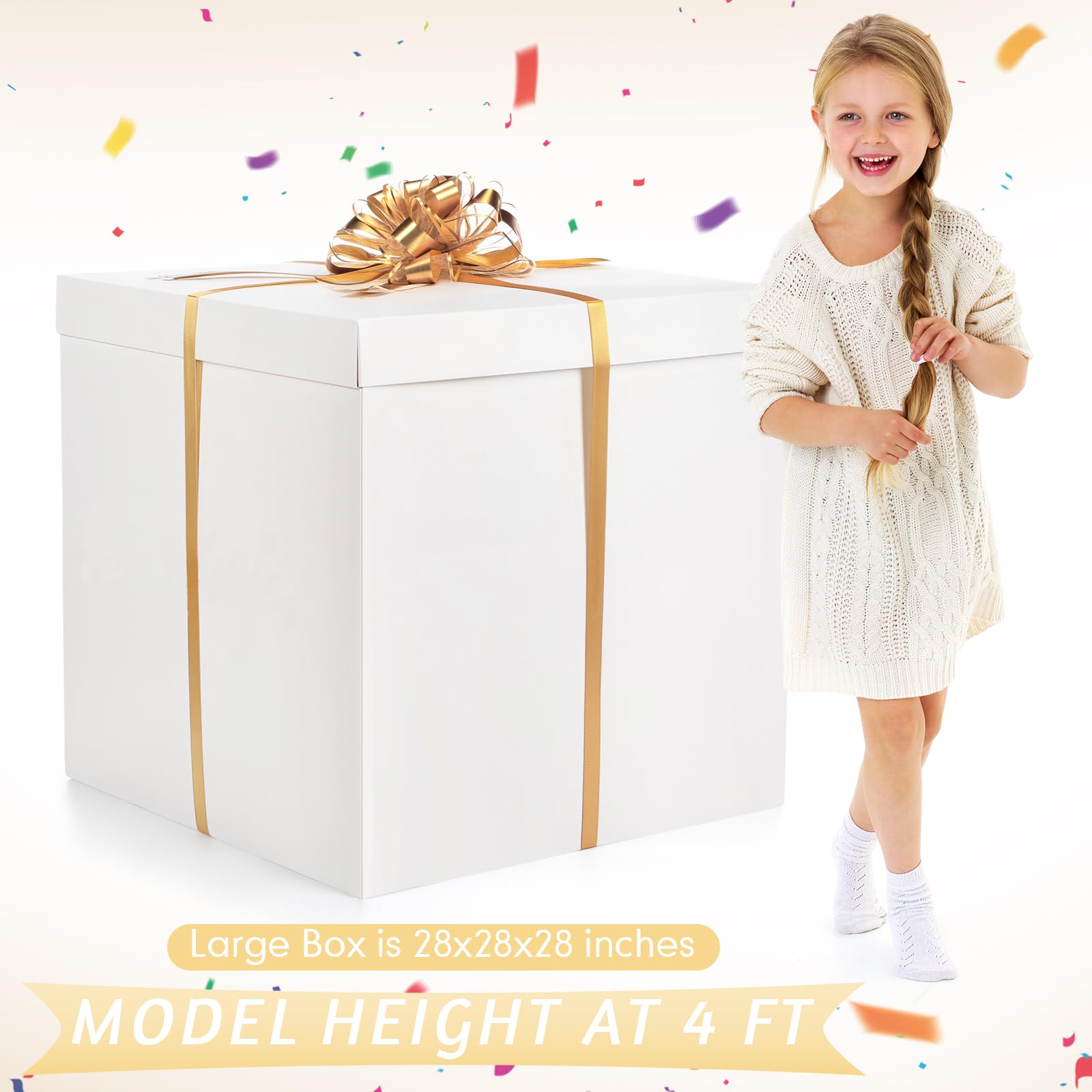 Kolldenn Scatola regalo extra large con coperchio, 71 x 71 x 71 cm, scatola regalo gigante bianca per rivelare grandi regali con fiocchi e nastri per compleanni, celebrazioni speciali, anniversari