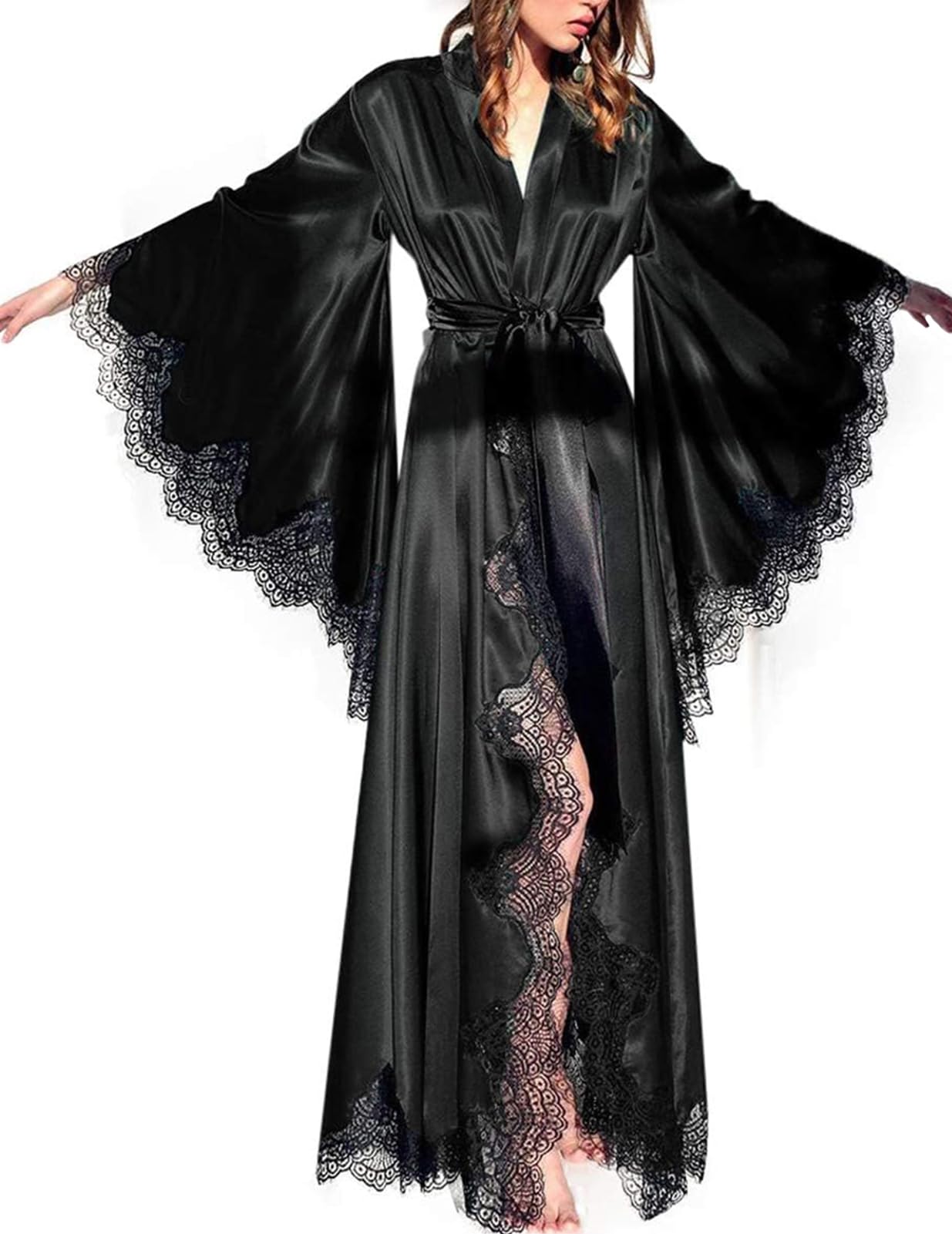 BATHGOWN Robe longue boudoir en satin de soie pour femme avec dentelle et longueur au sol