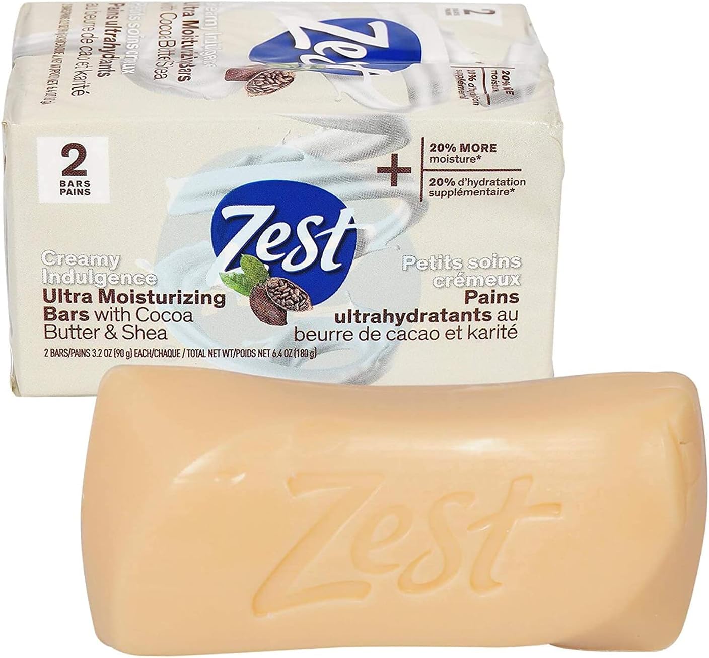 ZestOriginal Ultra-Moisturizing Beauty Bar, Cocoa Shea Butter, Family Cream Soap for Sensitive Skin, 2 Bars Personal Size / 3.2 Ounce each