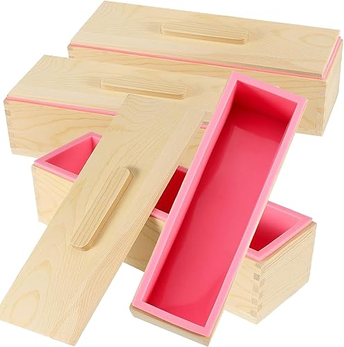 Kit de jabón de silicona de 47 onzas, 3 piezas de jabón de silicona rectangular rosa con 3 cajas de madera y 3 tapas, suministros de bricolaje para