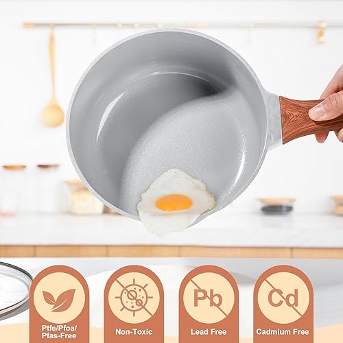 Miniatura 2 de Cacerola de 2 cuartos de galón con tapa, olla pequeña antiadherente de cerámica para cocinar con boquilla y asa, olla Mike Ramen para estufa,