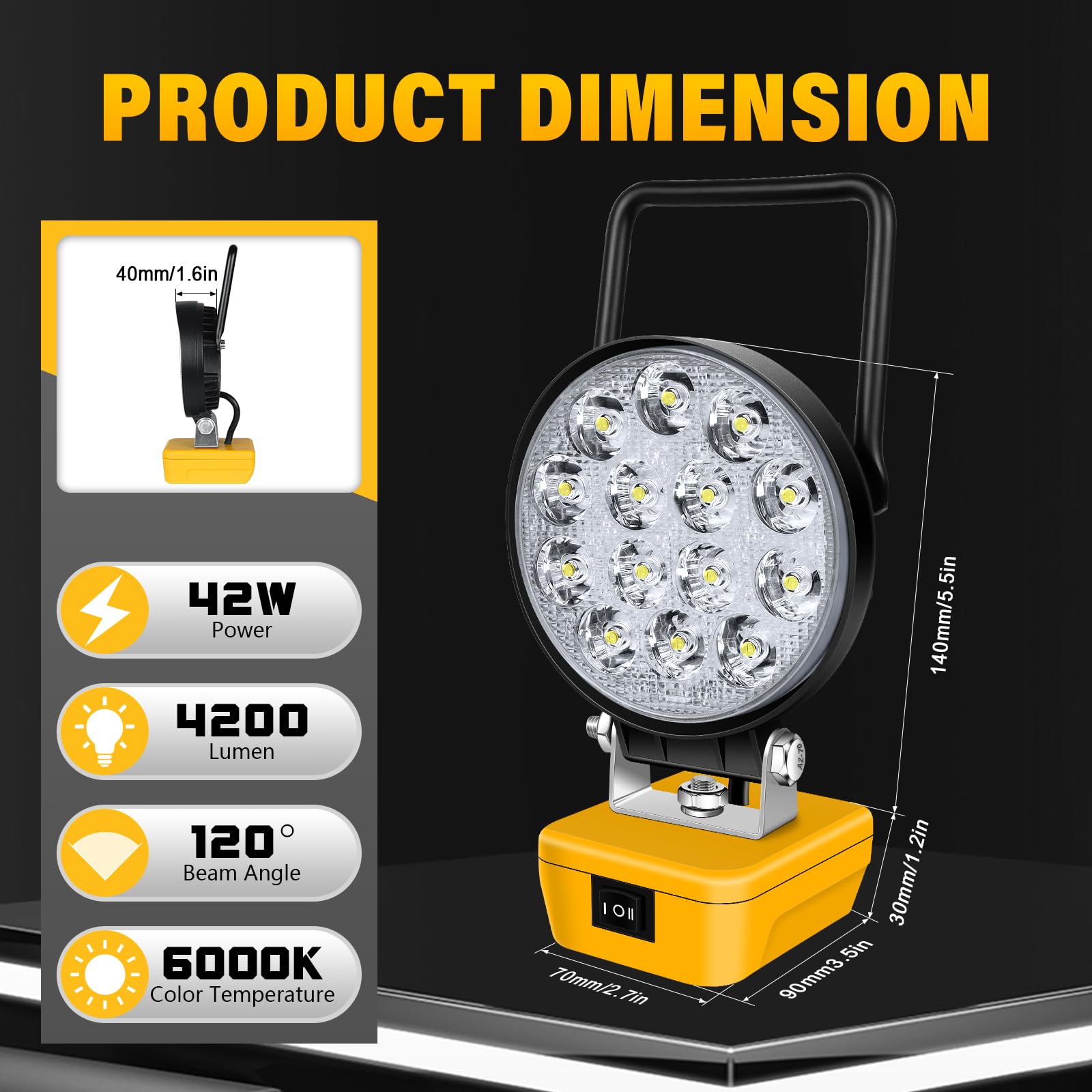 AUXTINGS Projecteur de Chantier pour Dewalt Batterie,2x 72W Projecteur LED Rechargeable,7200LM Lampes de Travail Portable Pour l'atelier, Camping, Réparations Automobiles, Chantier (Sans Batterie)