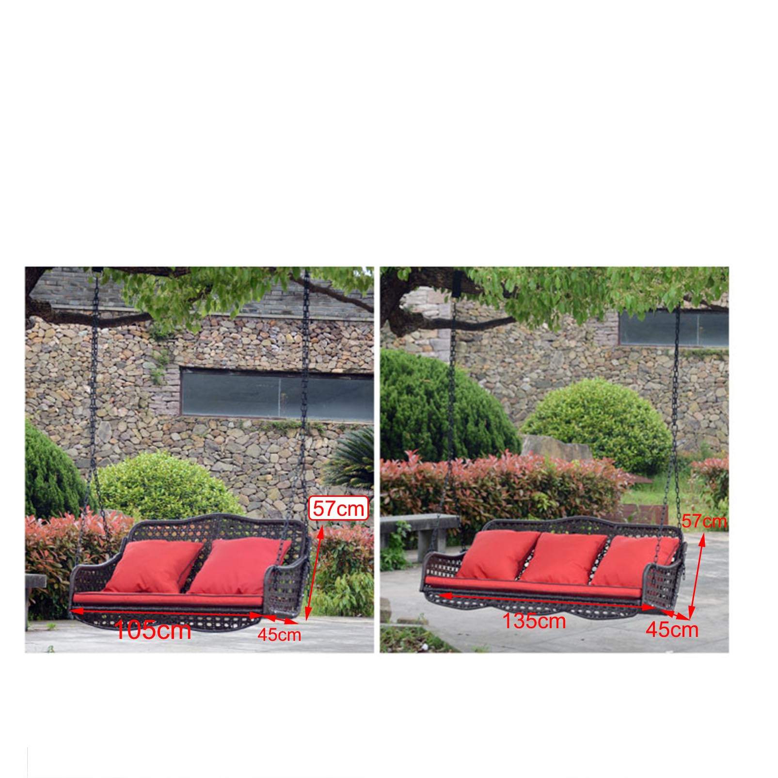 Dondolo sospeso con catene, sedia a dondolo in rattan per 2-3 persone con cuscini, altalena resistente per giardino, prato e terrazza
