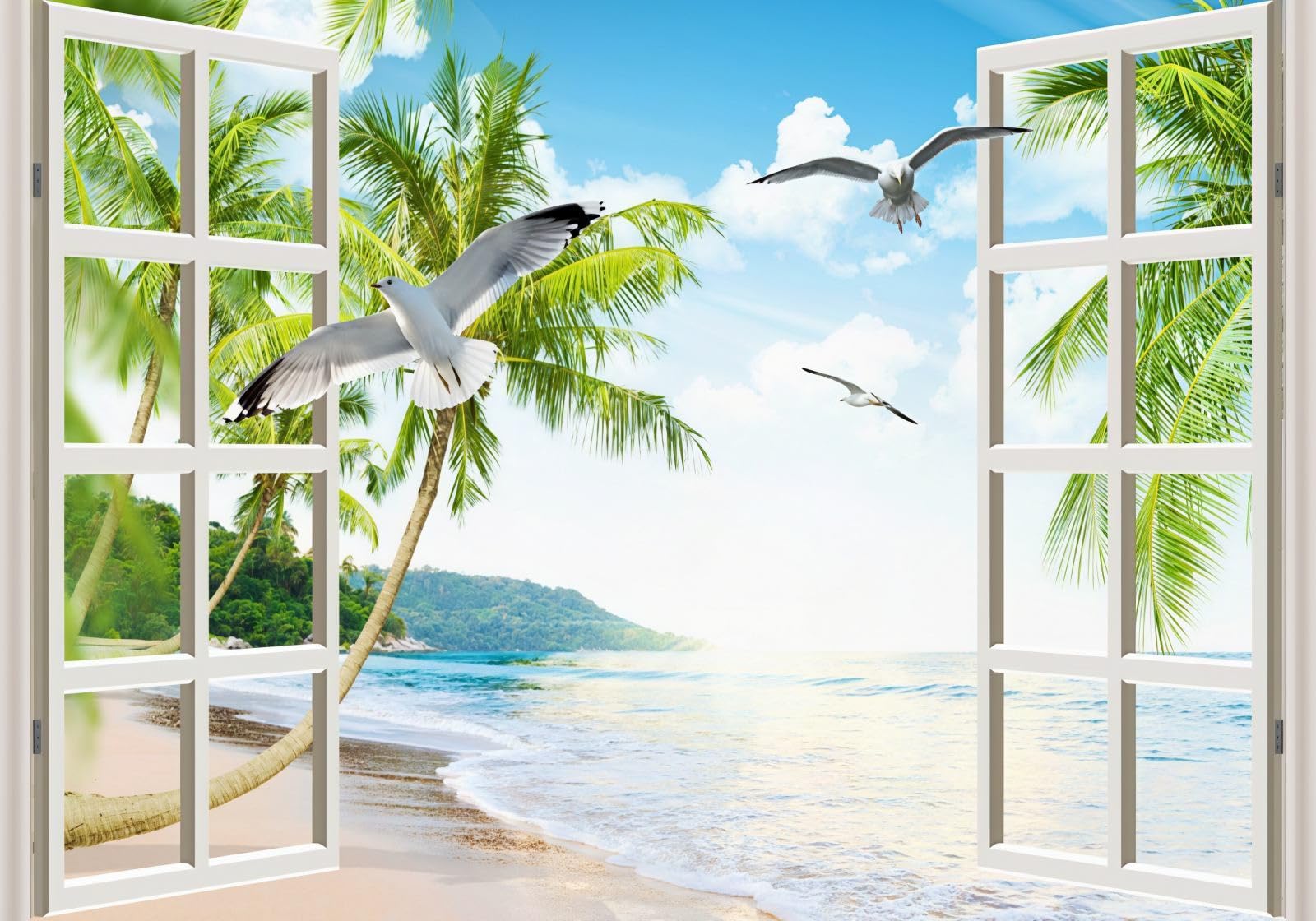 Papier peint panoramique 3D paysage tropical et grand trompe l'œil fenêtre de 430x300 cm