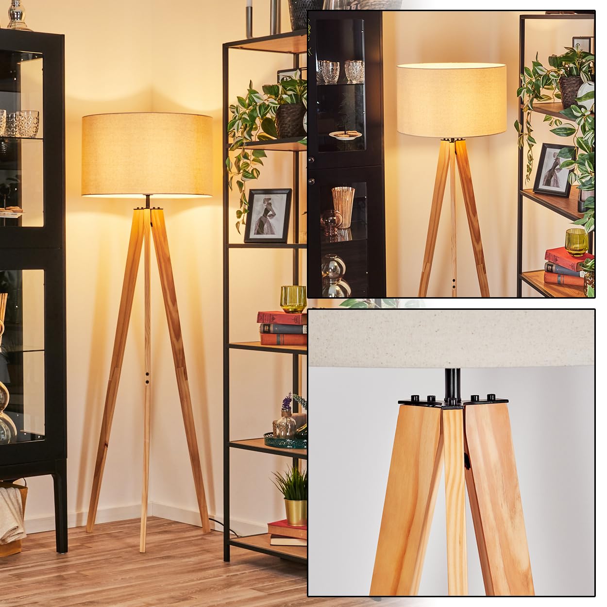 HOFSTEIN Stehleuchte Flemming, Stehlampe aus Metall/Holz im modernen Boho-Design, Schirm aus Stoff, Ø 50 cm, 162 cm, E27, mit Fußschalter - Wohnzimmer, Schlafzimmer, Esszimmer, Flur