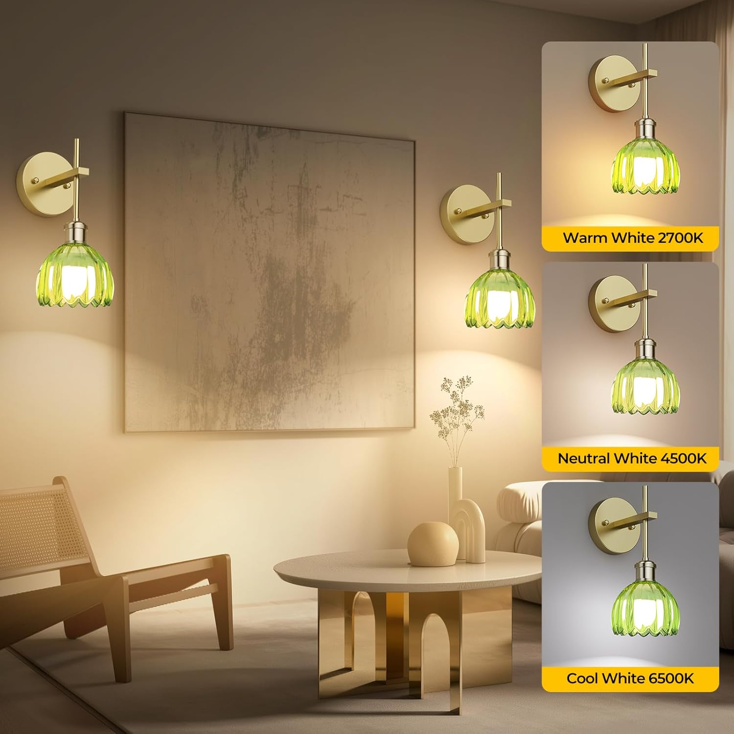 Battery Operated Wall Sconce with Green Tulip-Shaped Lampshades, Wireless Rechargeable Sconces Wall Decor Set of 2 with Remote Control, 12 RGB Colors & 3 CCT Settings (Green)