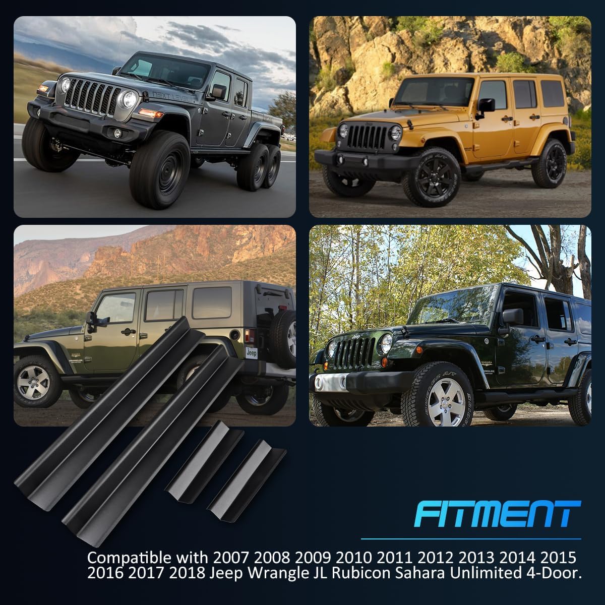 Door Sill Guards Kit, Door Sill Protector Compatible with 2007-2018 Jeep Wrangler JK Unlimited JKU 4-Door Accessories (4pcs Set)