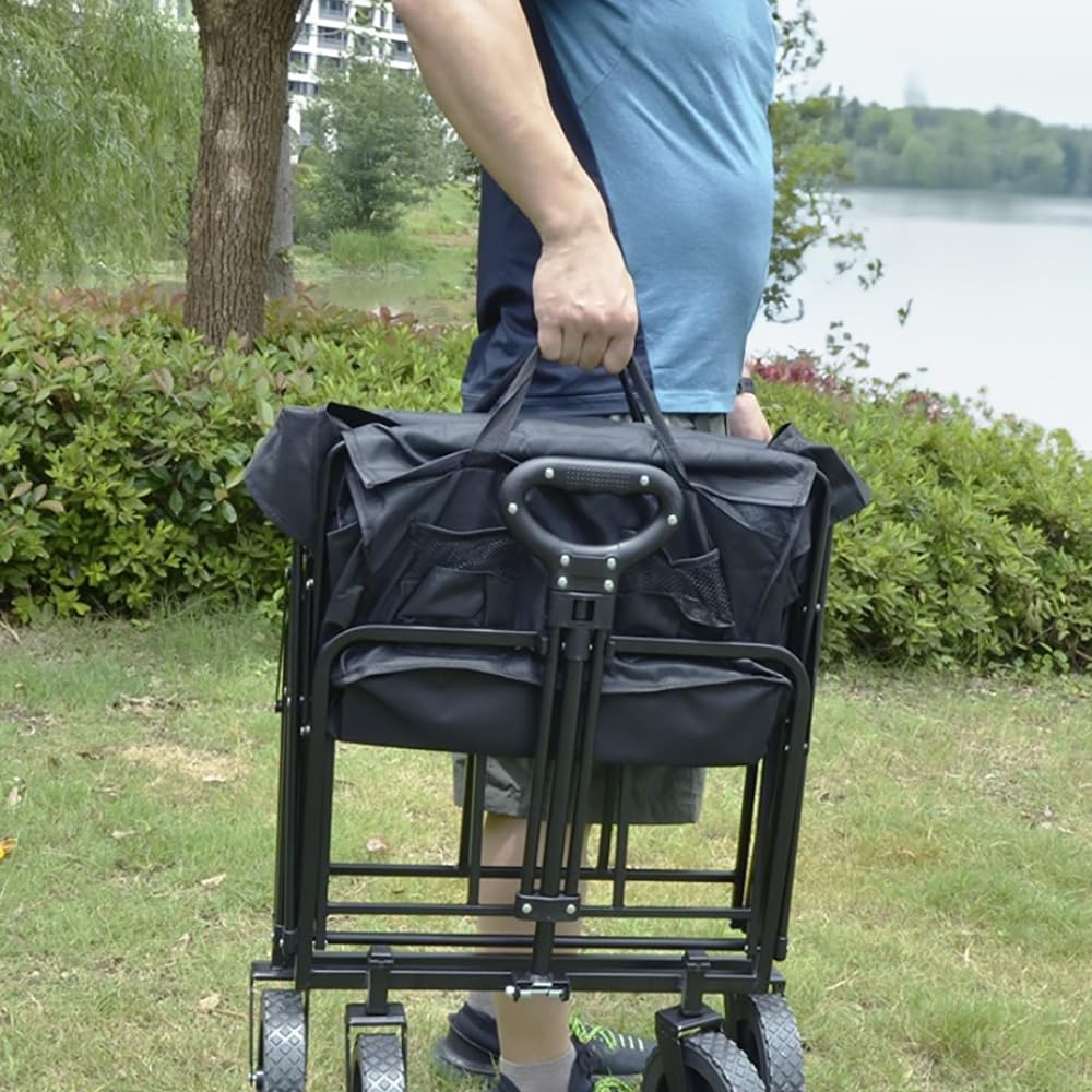 Carrello pieghevole con ruote larghe per giardino, spiaggia, escursioni con freno, manico regolabile – portata 100 kg, volume 75 l