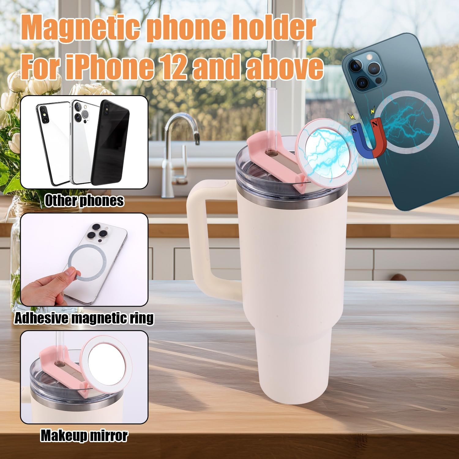 BOXOB Phone Holder for Stanley Cup 40oz Quencher H1.0 H2.0 Lids, Hands Free Magnetic Foldable Phone Stand Tumbler Cell Phone Mount Support for Stanley Cup Accessory MagSafe Phones (Pink)