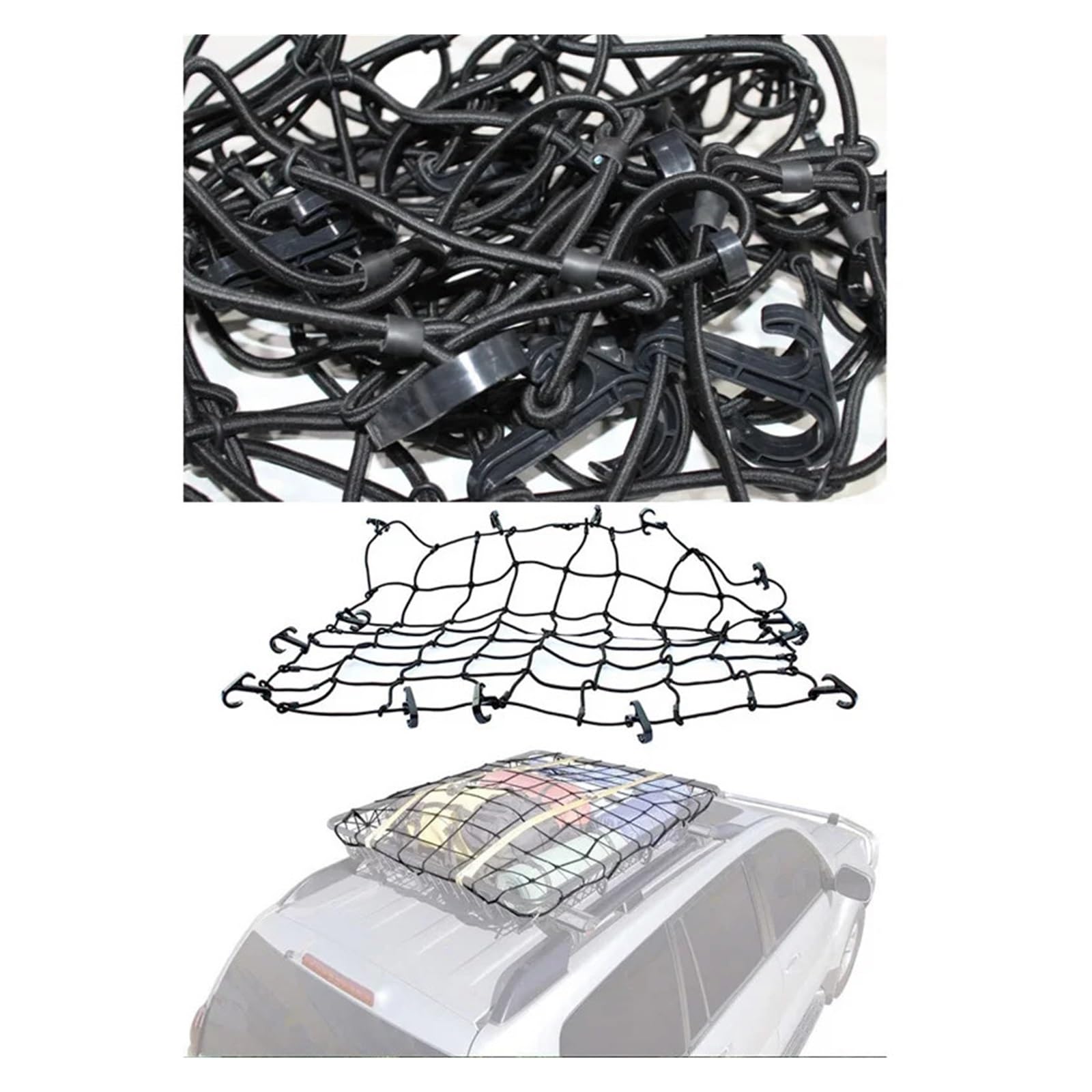 Muzhen Store Porte-Bagages de Toit de Voiture, Panier à Bagages, Filet de Chargement, Cordon élastique, Sangle d'arrimage, Maille avec Crochets, 100cm x 80cm