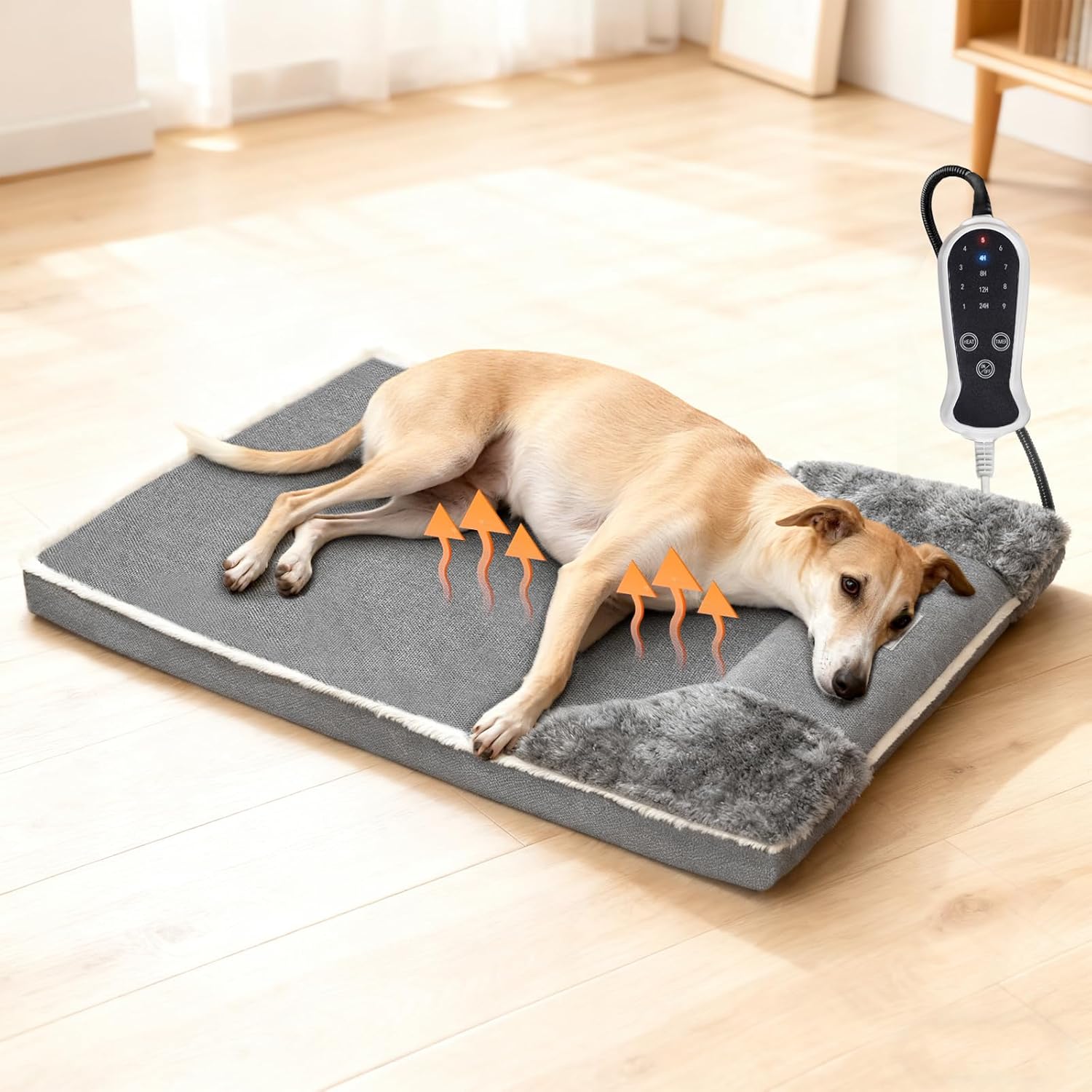 Heated Dog Bed for Large Dogs, 40x27 Inch Pet Sofa with 9-Level Adjustable Warmer, Waterproof Lining, Machine-Washable Removable Cover Non-Slip Bottom, Gray