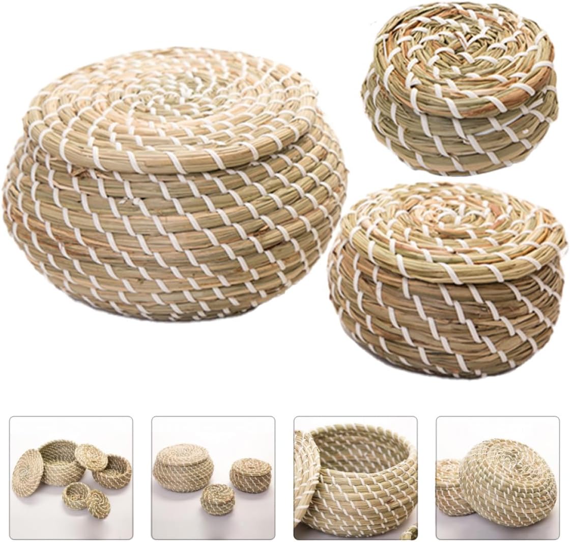 Wicker Basket Set with Lid, Handwoven Seagrass Storage Bins, Multifunctional Woven Containers for Home Organization, 3pcs Straw Storage Baskets for Living Room and Random Color