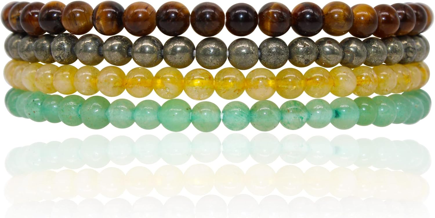 Healing Crystal Gemstone Intention Stackable Dainty beaded Bracelet Sets 4mm beads Attract Money Abundance Wealth Anti Anxiety Attract Love Intuition Psychic Power Self Confidence Focus Willpower Manifest Good Luck Success Protection Motivational Bracelets