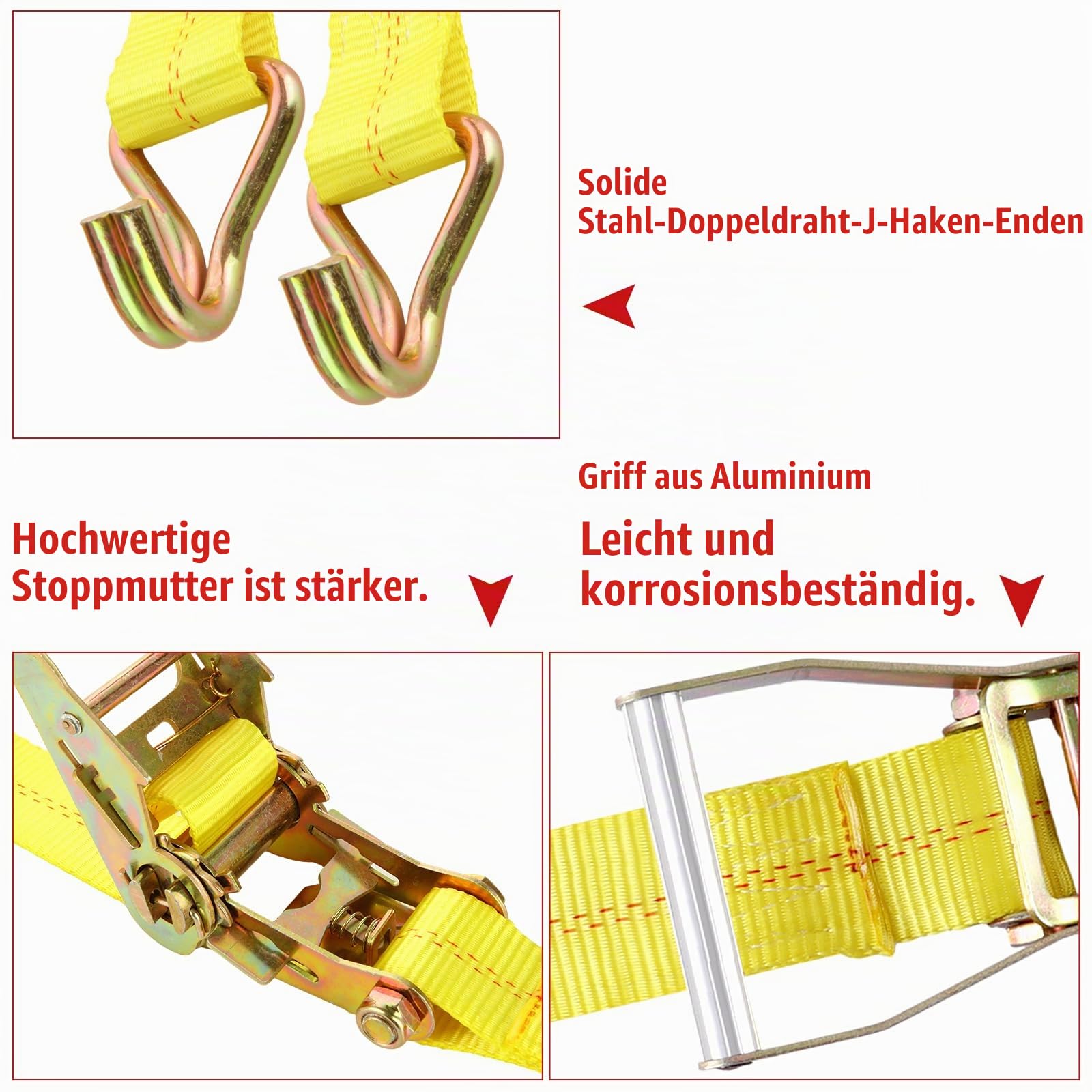 4 Stück Spanngurte mit Ratsche und Haken, 5 M 50 mm Breit Ratschengurte, Zweiteilig Zurrgurte, Schwerlast 4000kg Spanngurt Gelb für Ladungssicherung, Gepäckentfernung und Camping