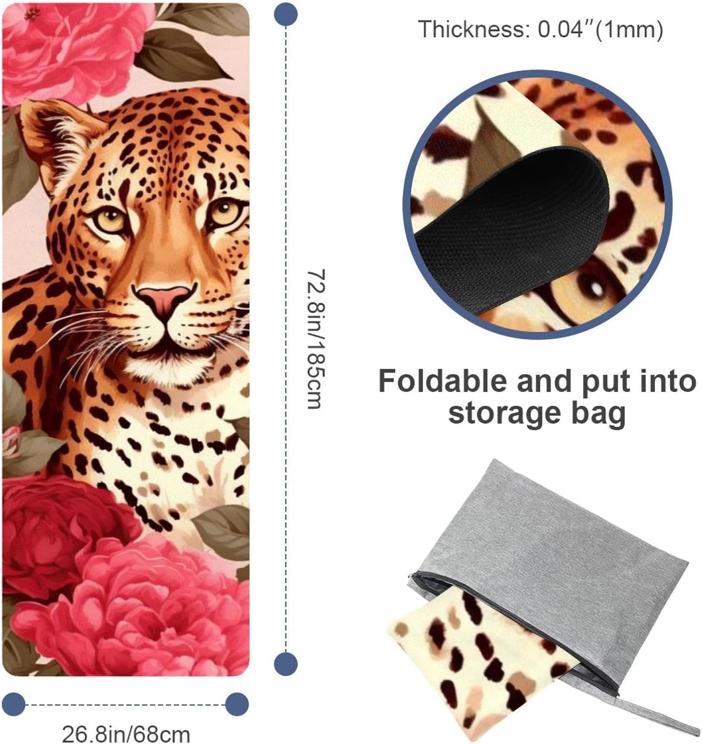 Yoga Towel, Leopard Rose Flower Non Slip Sweat Absorbent Hot Yoga Mat Towel for Hot Yoga, Pilates and Fitness - 72.8" x 26.8"