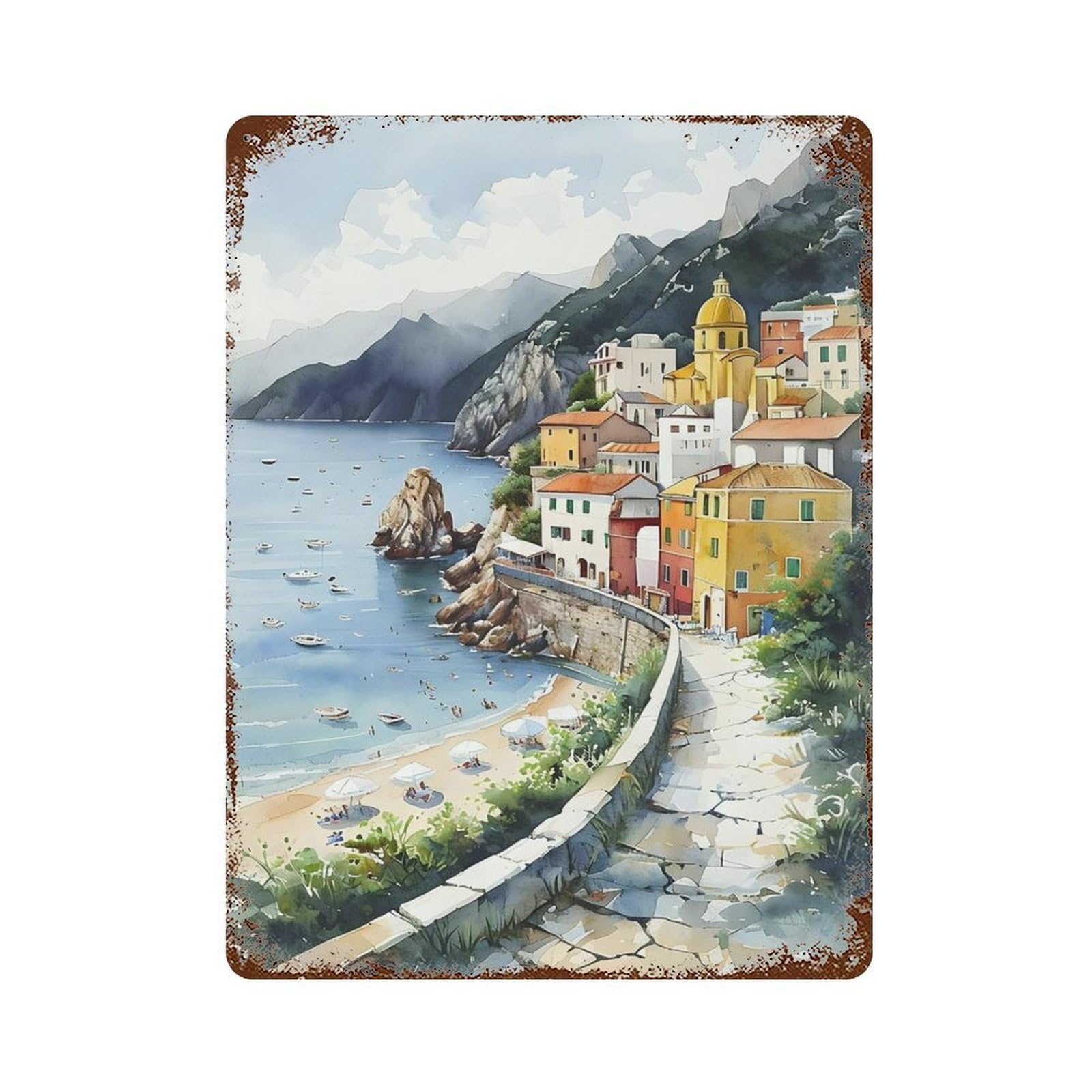 xiaoxiaoshen Vintage Landmark Cinque Terre Coastal Town Wall Decor Art Metal Tin Poster Modern Home Decor Art Home Bar Shop Decorations Vintage Sign 40x30cm