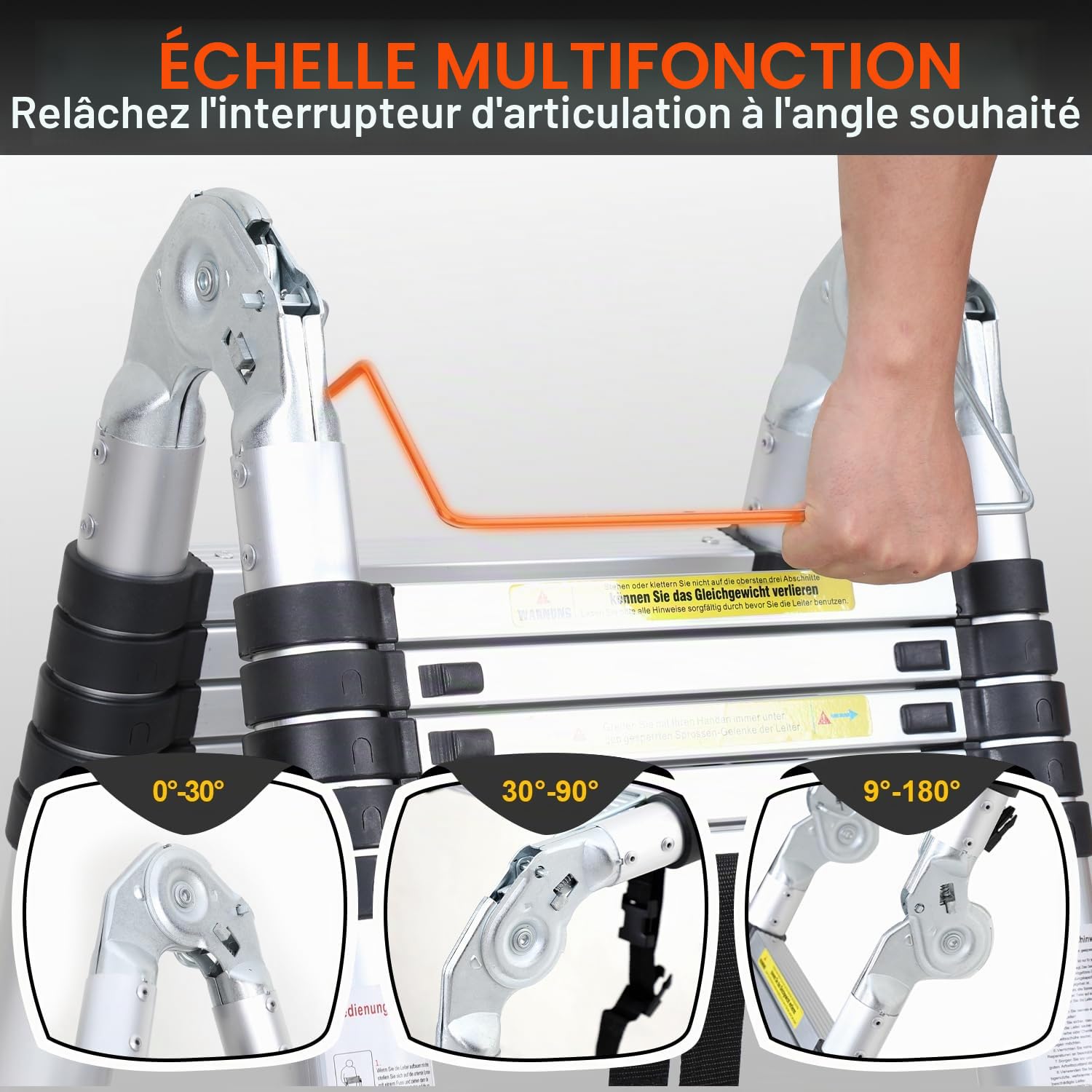 Échelle télescopique en aluminium - 3,2 m - Portable - Échelle télescopique en aluminium - Antidérapante - Multifonction - Charge maximale de 150 kg - Pour jardin, intérieur et extérieur