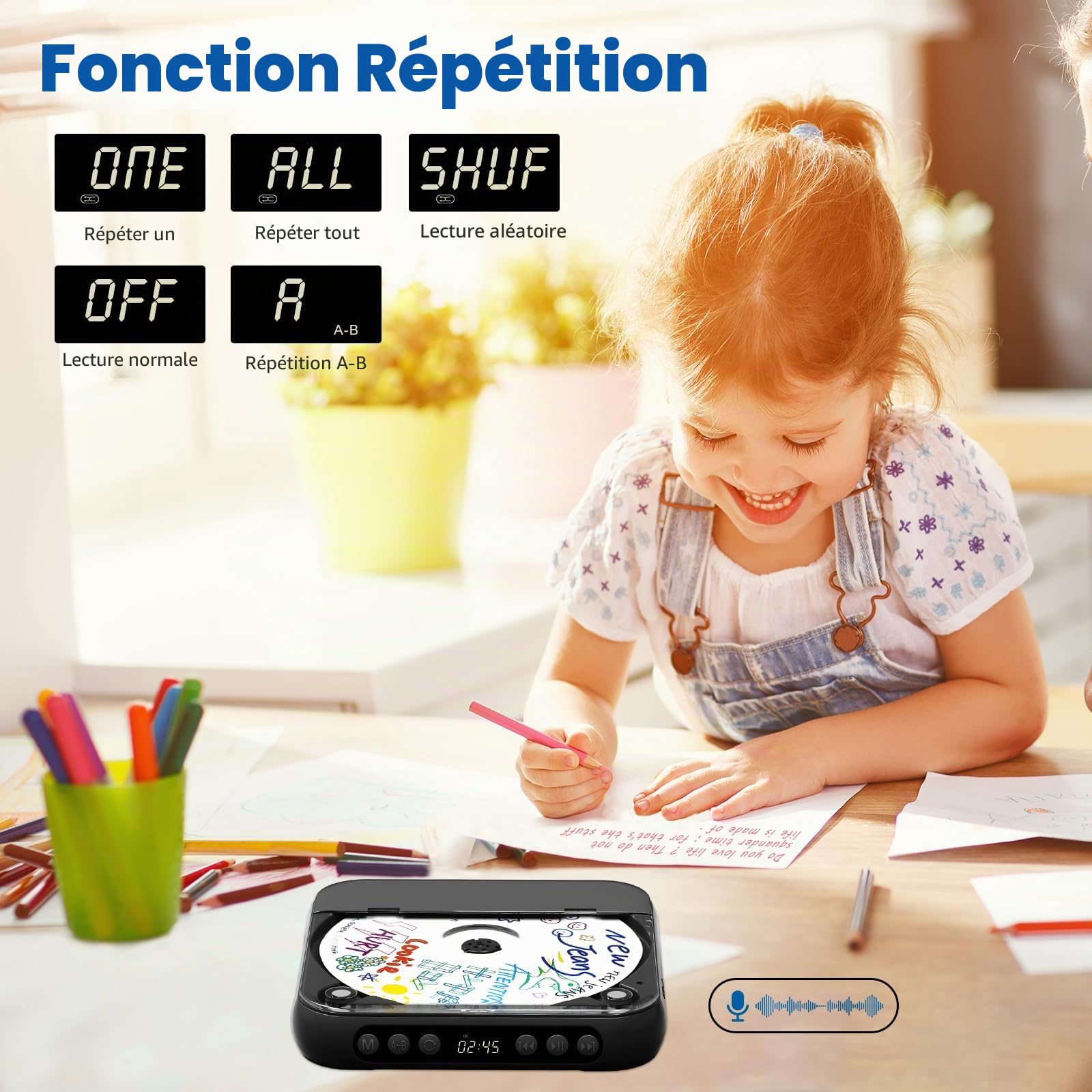 Lecteur CD portable avec Bluetooth, petit lecteur CD rechargeable, haut-parleurs HiFi intégrés, lecteur CD Walkman avec écouteurs, écran LCD, prise en charge CD/AUX/USB/répétition, noir