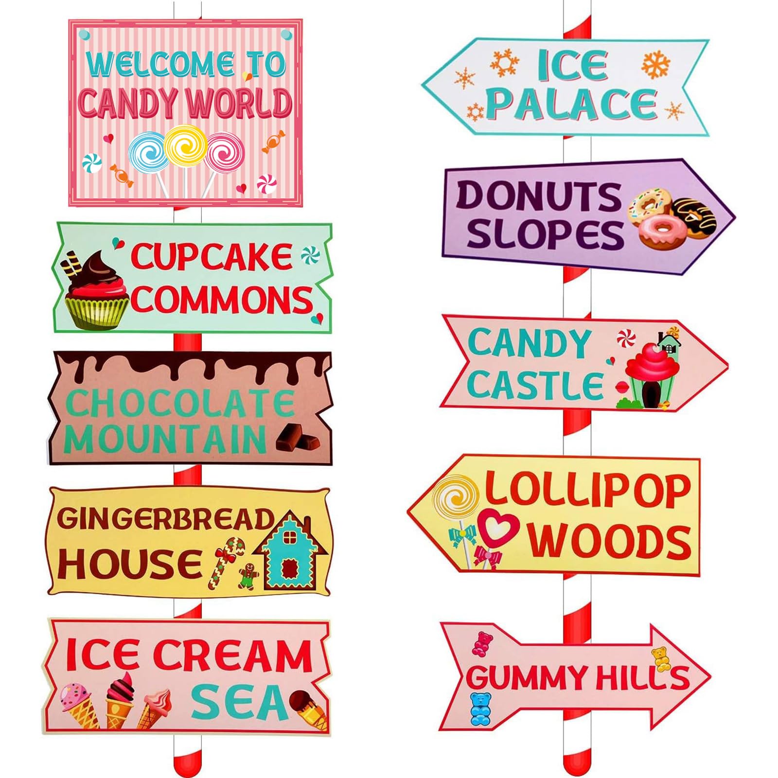 20 Pieces Candy Land Party Sign Welcome Directional Signs Street Sign Photo Prop Cutouts for Sweet Theme Birthday Decoration