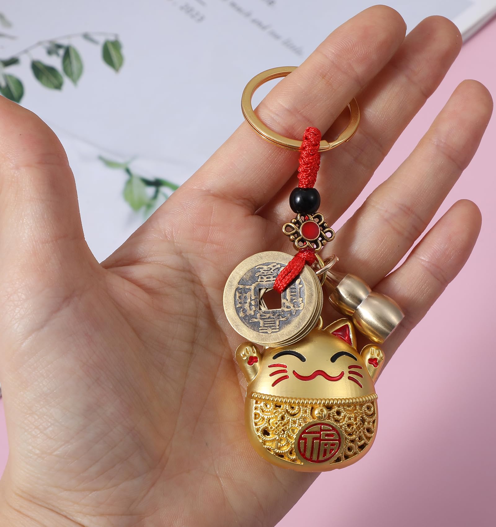 Maneki Neko Talizman na szczęście, japoński talizman z pięcioma monetami cesarskimi i dynią, 9,8 cm, figurka kota dla dobrobytu i ochrony