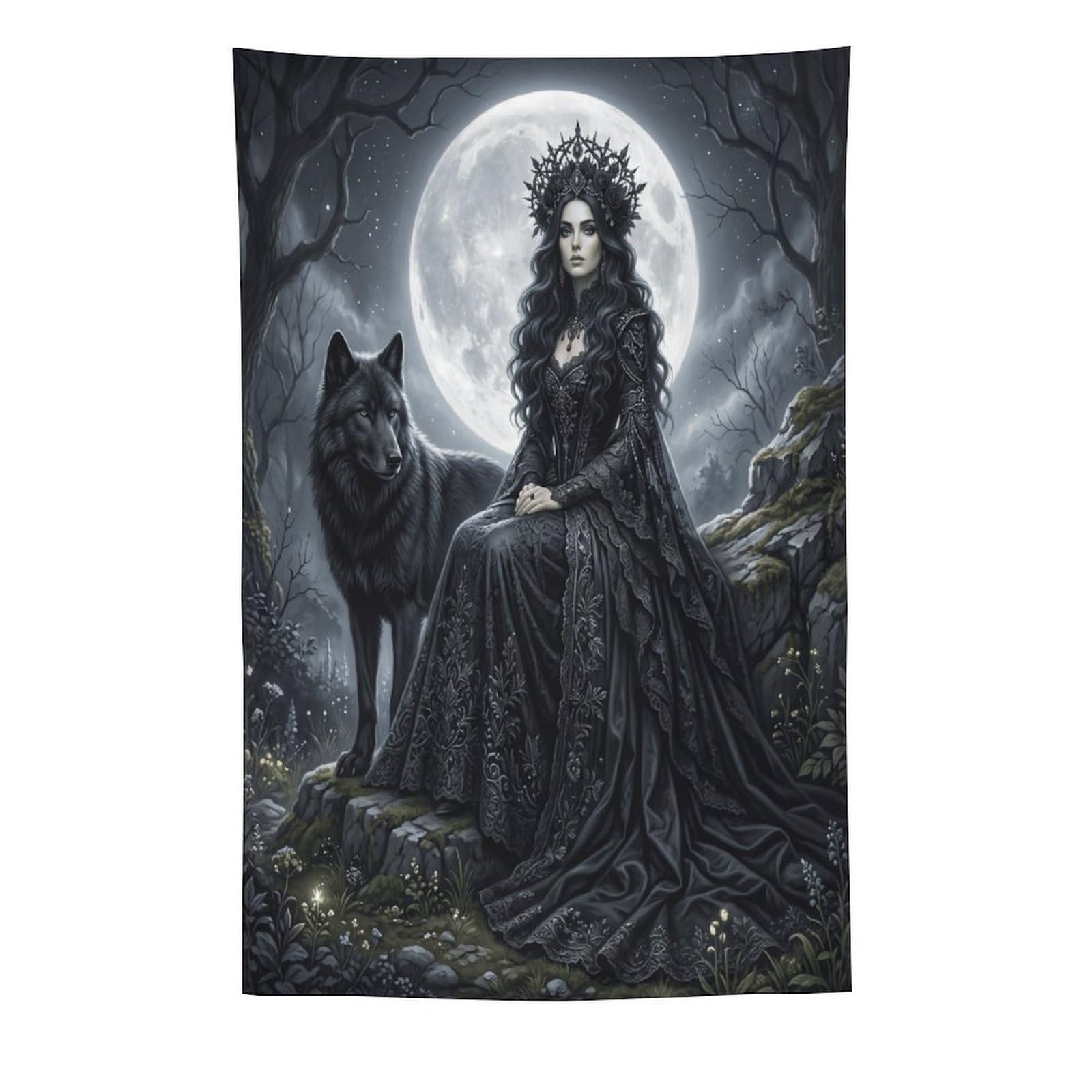 W7C8U2X3 Dark Wolf Queen Forest Wall Tapestry, Gothic Fantasy