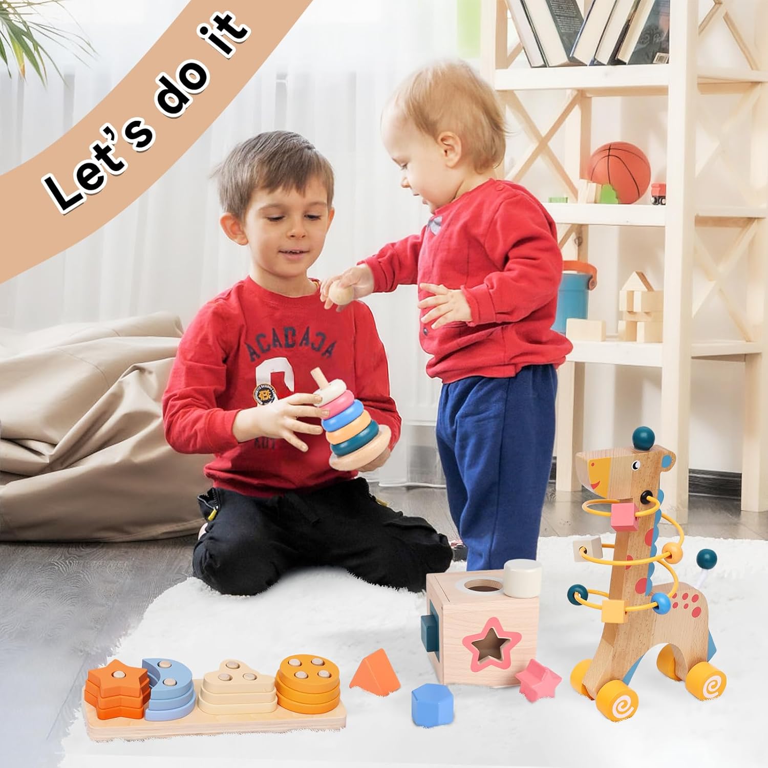 Wooden Montessori Toys for 1 Year Old, 4-in-1 Educational Sensory and Baby Learning Toys for Toddlers Aged 1-3, Boy and Girl's Best Gifts for Birthday (Log)