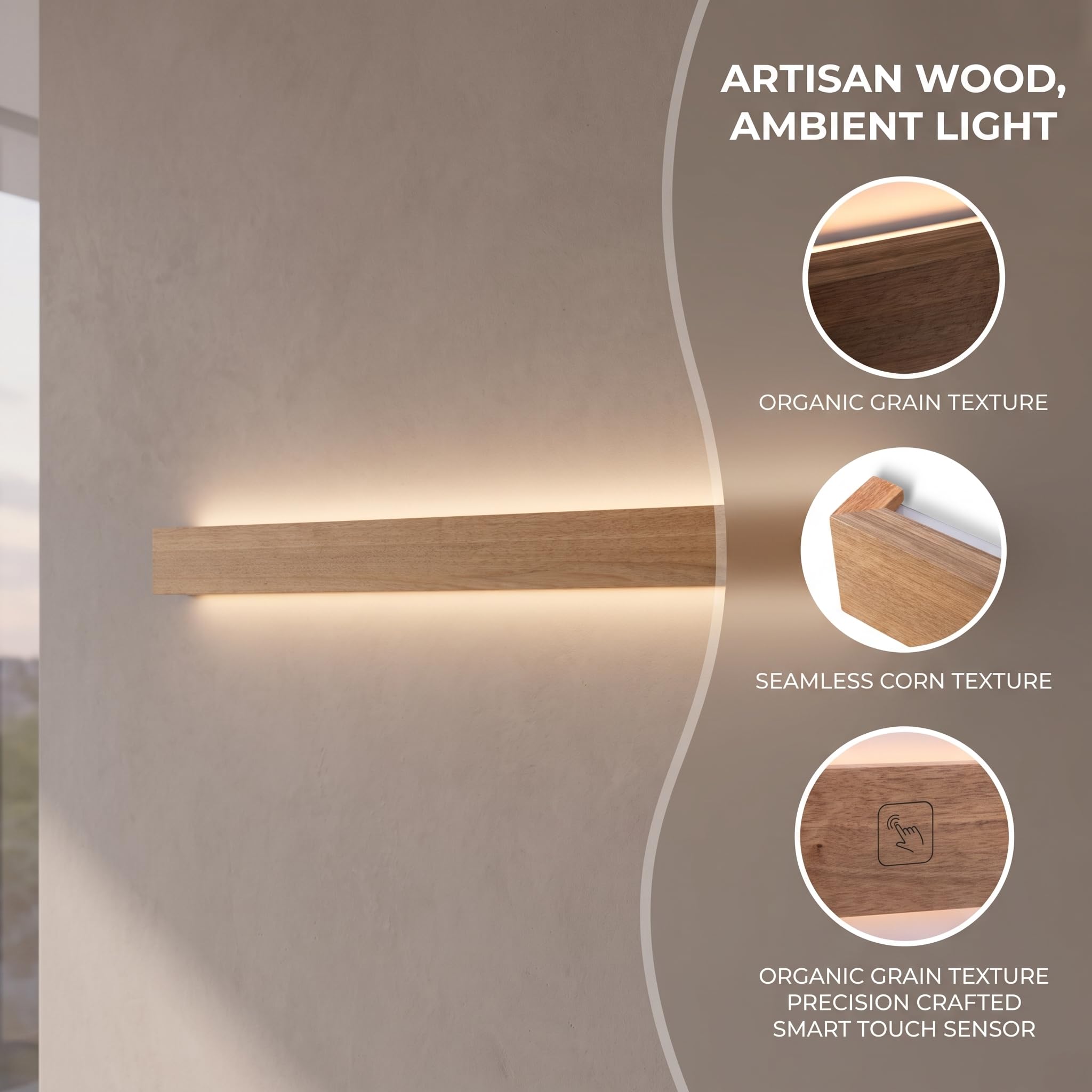 BARCELONA LED Aplique Pared Madera LED 24W Regulable 100cm | Acabado Natural, Luz Cálida 3000K, Uso Interior, Control Táctil, Estilo Nórdico