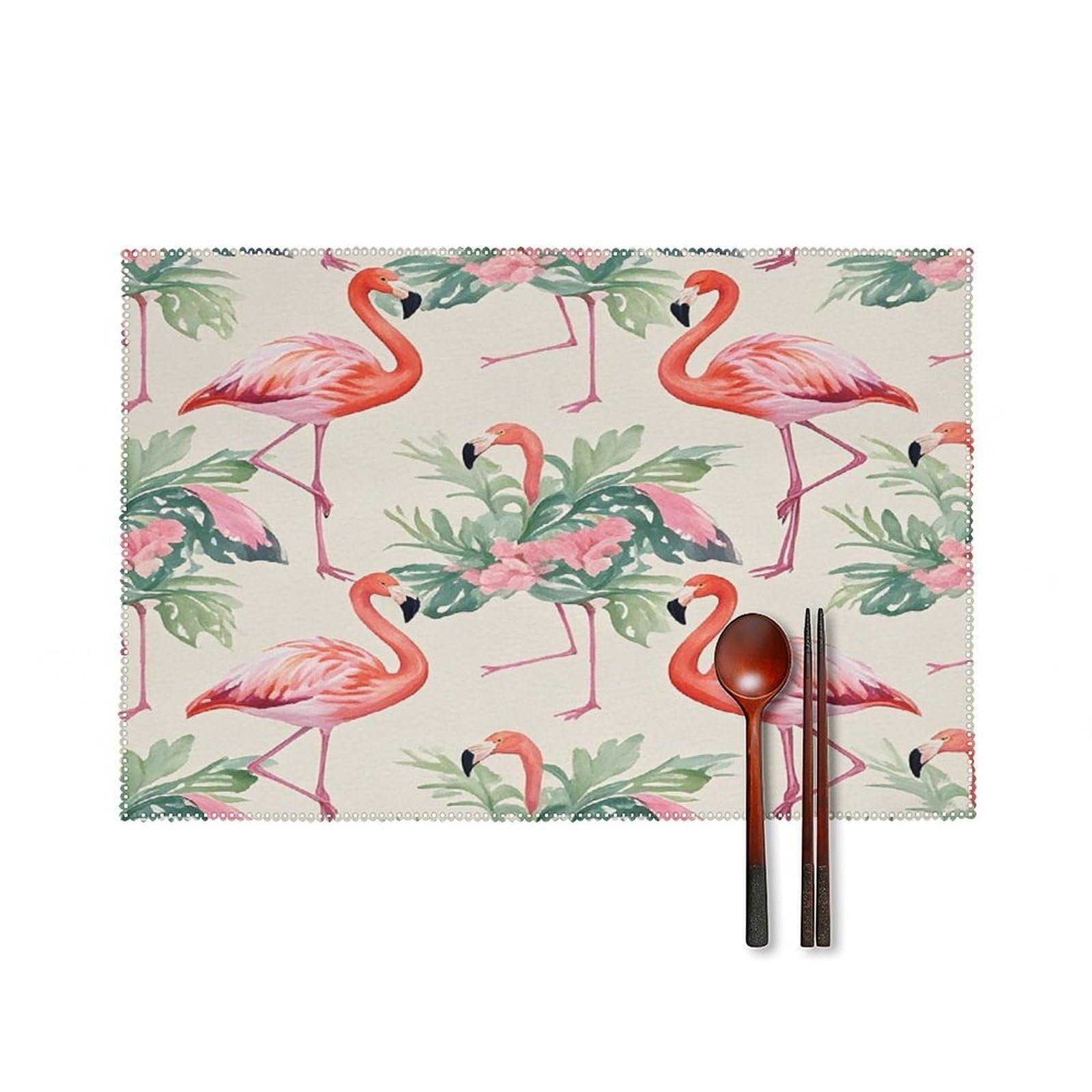 Watercolor Flamingo Placemats Set of 6 Heat-Resistant Washable Place Mats Wipeable Kitchen Placemat Easy to Clean for Indoor Outdoor Party Kitchen Decoration