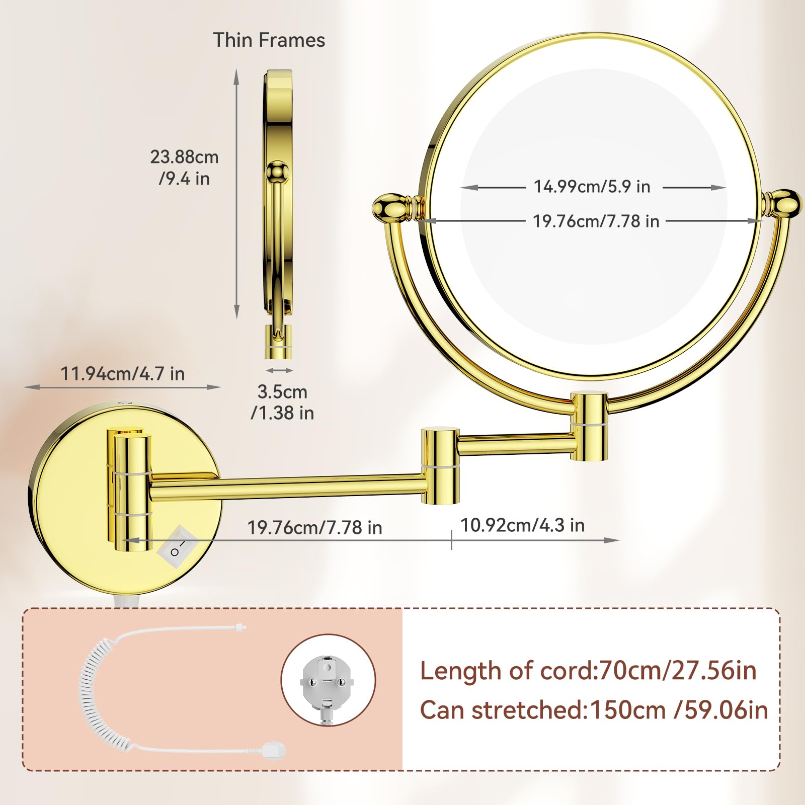 Nicesail Specchio Trucco con Luci Oro Specchio Ingranditore da Parete 5x Specchio a Muro Estensibile da Bagno,Diametro 20 cm