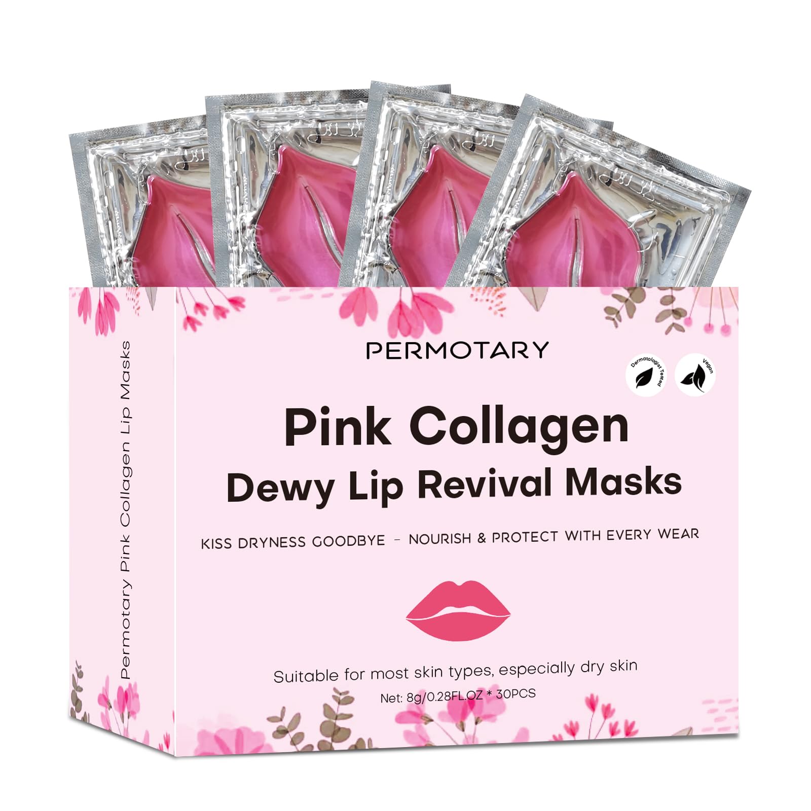 Permotary 30 Pieces Pink Gel Collagen Lip Mask Crystal Lip Pads For Moisturizing, Anti-Wrinkle, Anti-Aging, Firms & Hydrates Lips, Pink