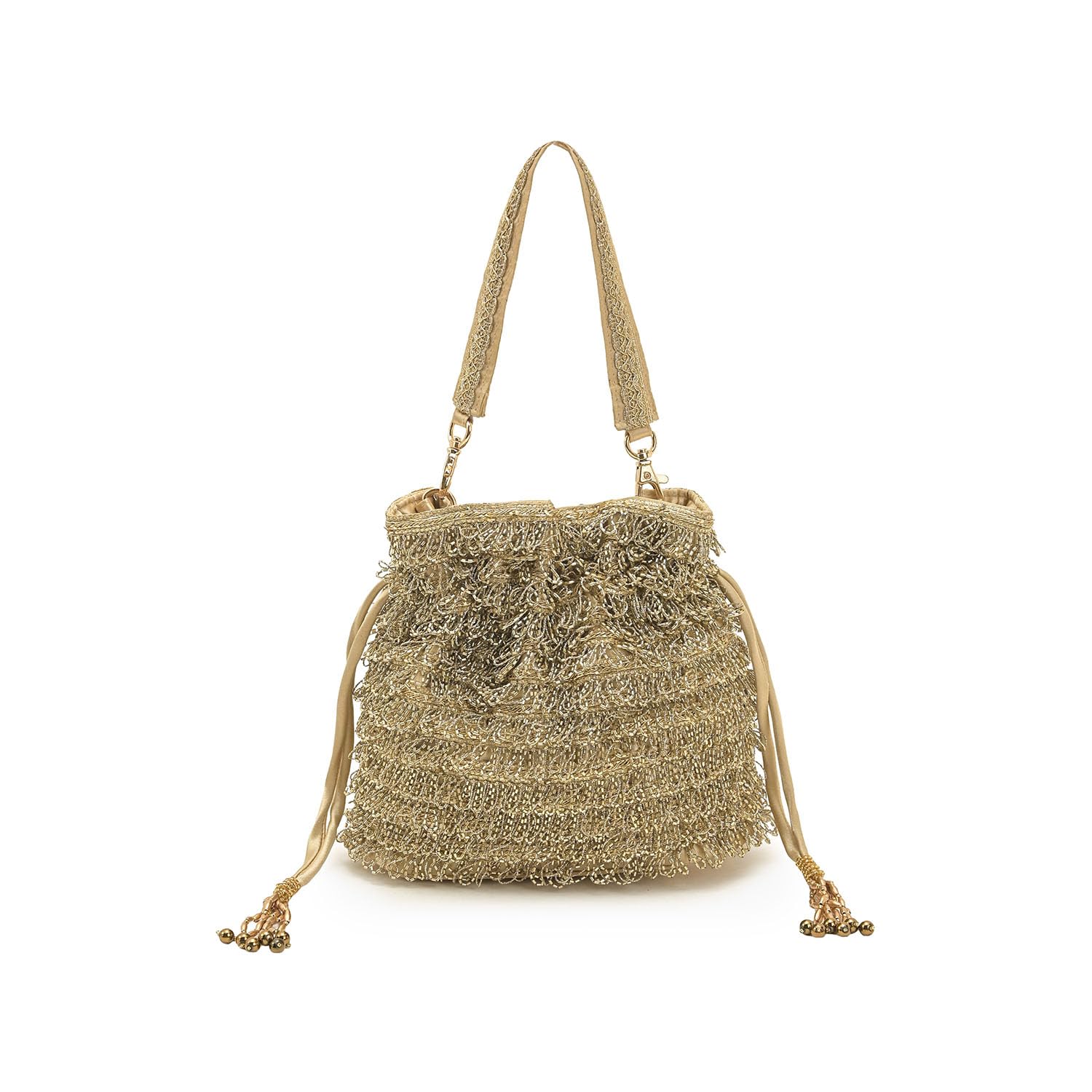 Rajsi Noor Potli Bag Metallic Gold Women Bag with Embellished Handle Drawstring Closure with Tassels Detachable Handle Festive Wedding Party Clutch Soft Silhouette Ethnic Handbag