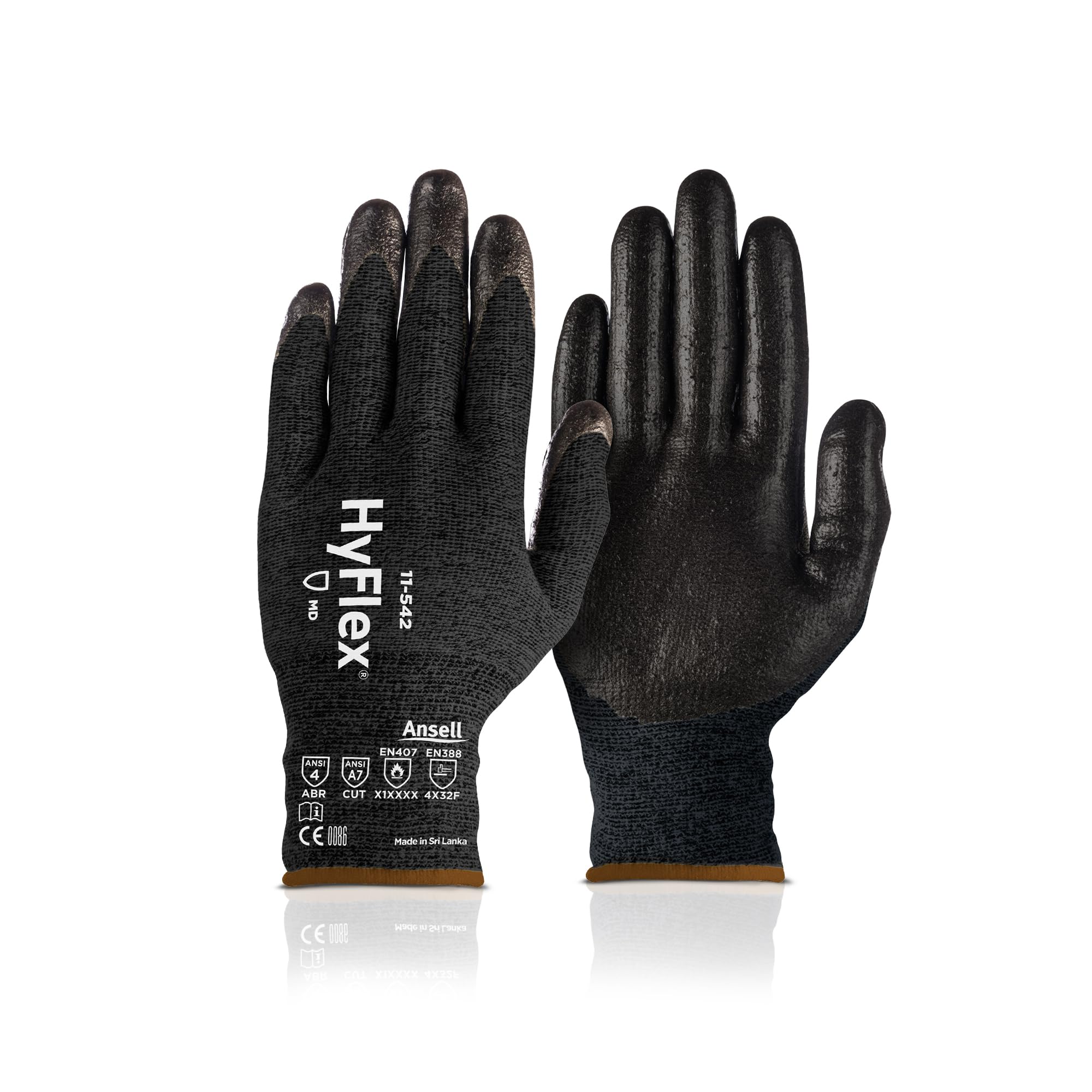 Ansell HyFlex 11-542 Cut/Heat-Resistant Mechanical Work Gloves w/Nitrile Palm for Machinery, Automotive - Large (9), Black (1 Pair)