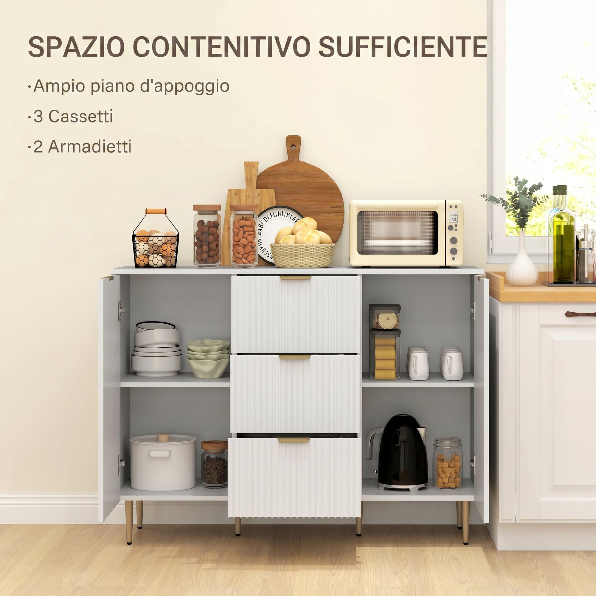HOMCOM Credenza Cucina Buffet Moderna 3 Cassetti 2 Ante 120x40x90 cm Bianco | 2 Armadietti, Ripiani, Piedini Regolabili, Mobile Cucina, Madia Soggiorno Moderna, Ingresso, Legno