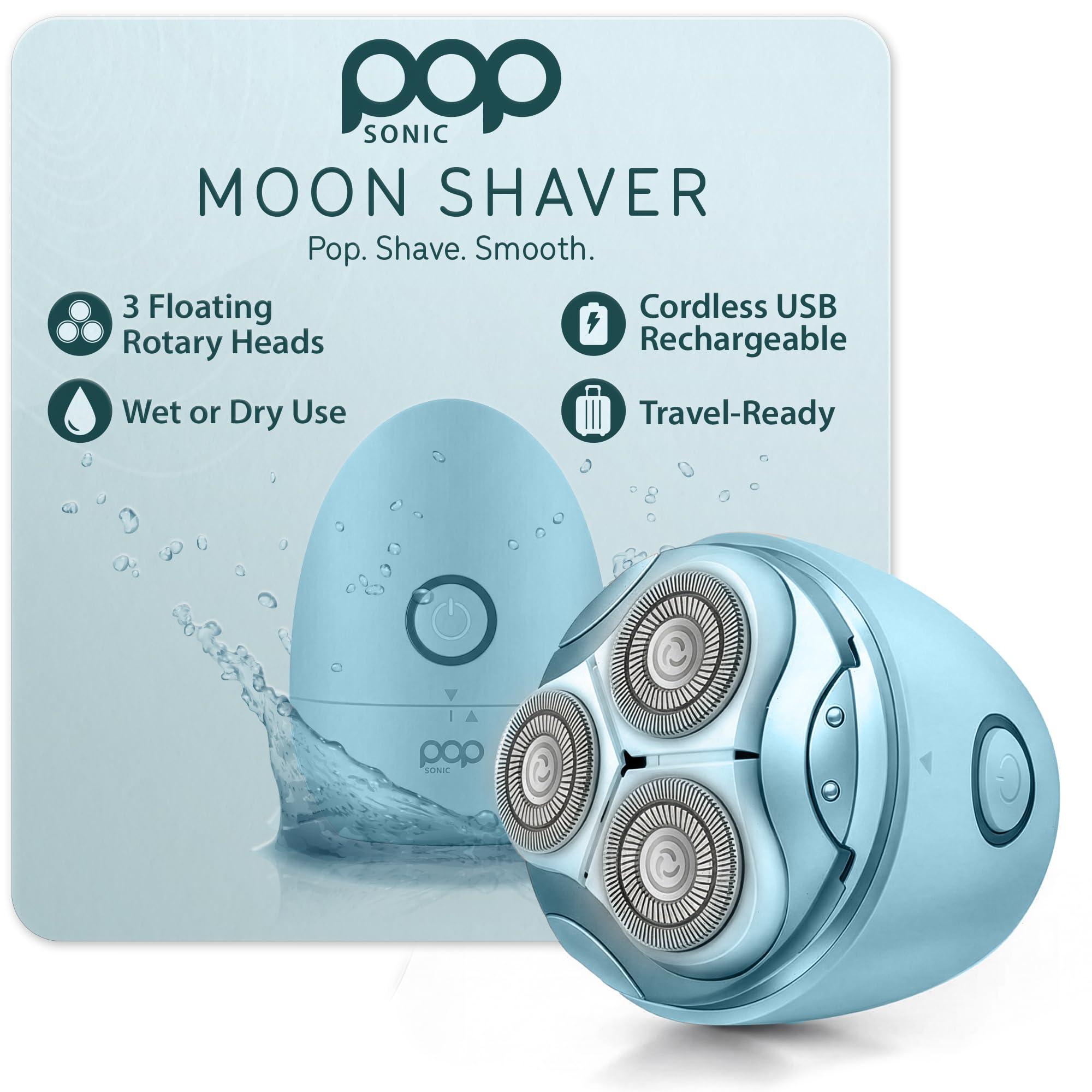 Pop Sonic Moon Shaver (Slate) - Face & Body Shavers for Men & Women - 3 Floating Rotary Heads Face Shaver w/Removable Cap - Long Lasting Lithium-ion