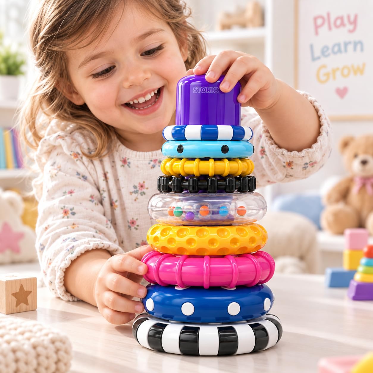 Storio Stacks of Circles Stacking Ring Toy for Babies 6+ Months | 9-Piece Multi-Color STEM Learning | Educational Baby Toy for Fine Motor Skills | Textured Rings with Sound Beads | Montessori Learning — Amazon image 9