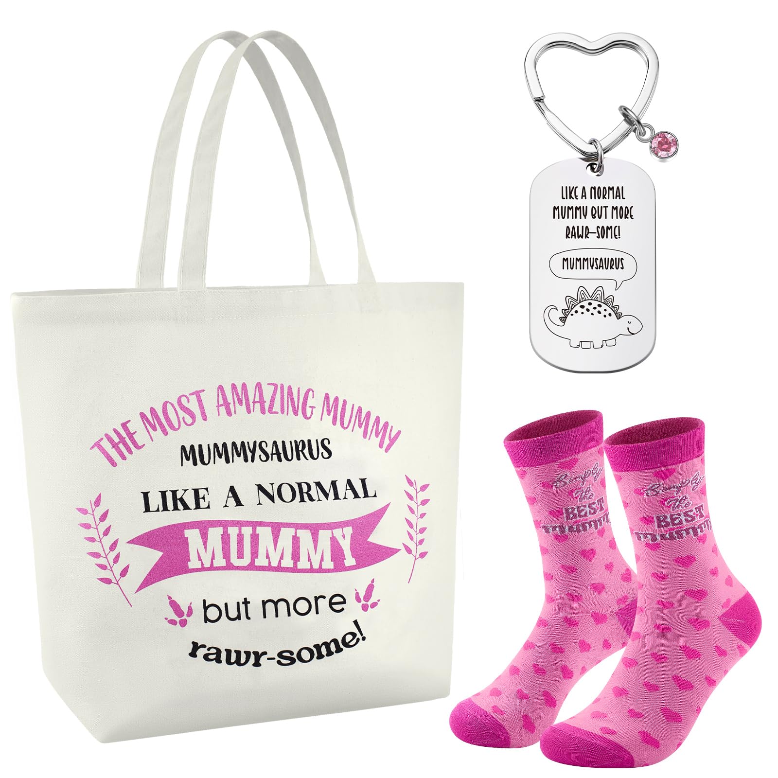 Hestya 3 Pcs Mummy Gifts from Son Daughter, Mummy Birthday Gifts Include 1 Mum Saurus Keyring 1 Pair Socks 1 Tote Shopping Bag, Mum Birthday Presents for Mother's Day