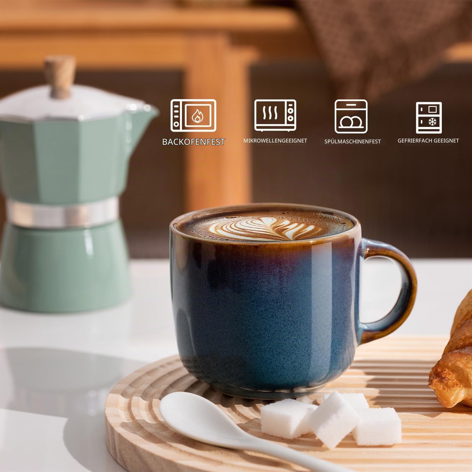 Kaffeebecher 6 Teilig, Keramik Tassen Teetasse für 6 Set, Multifunktional, Spülmaschinen Mikrowellenfest, Coffee Mug, Kaffeetassen 360 ml Blau Kaffee Becher