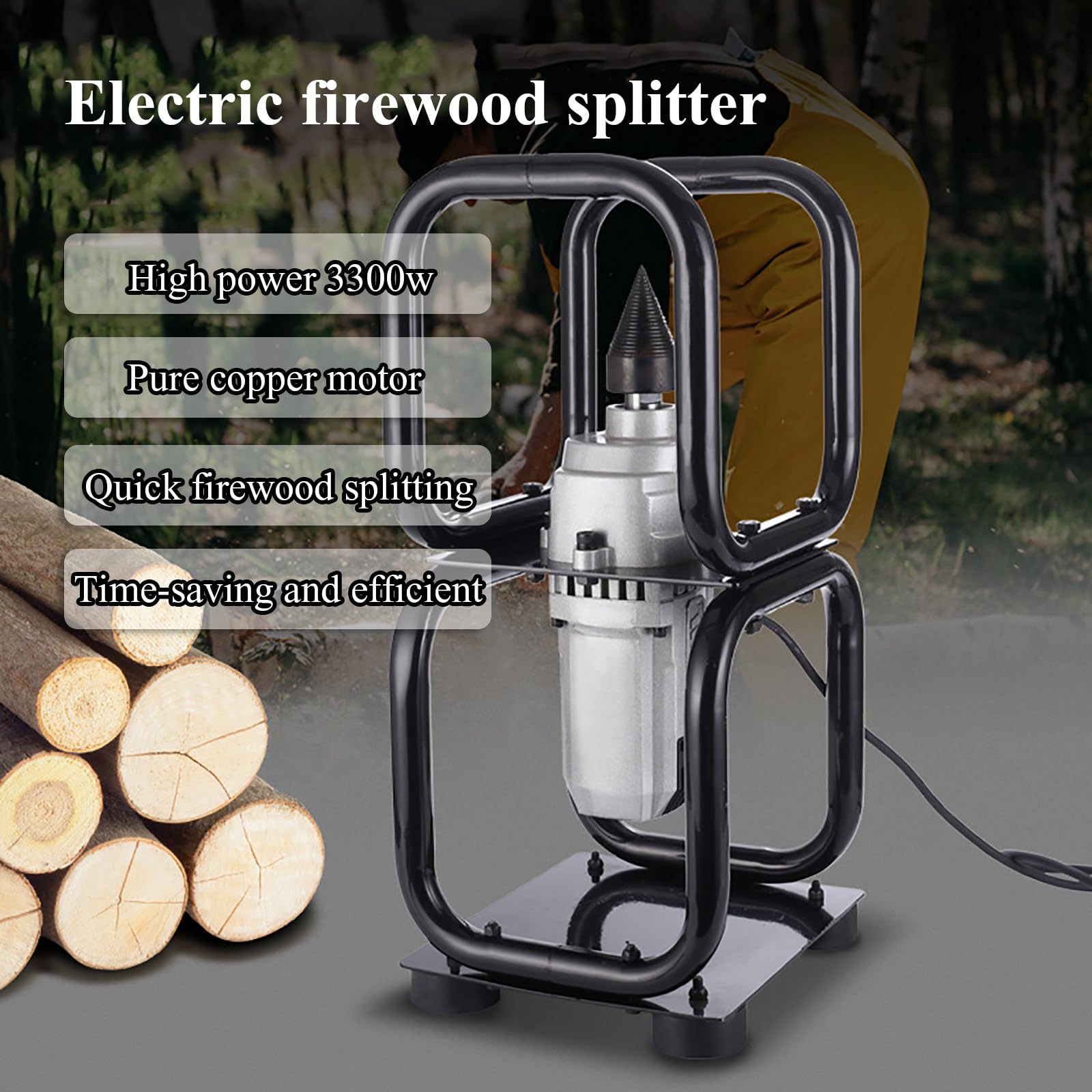 Spaccalegna Elettrico da 3300 W, Spaccalegna Automatico Portatile per Uso Domestico, Motore Interamente in Rame, velocità a Vuoto: 450 Giri/min, Diametro della Legna da Ardere: ≤30 Cm