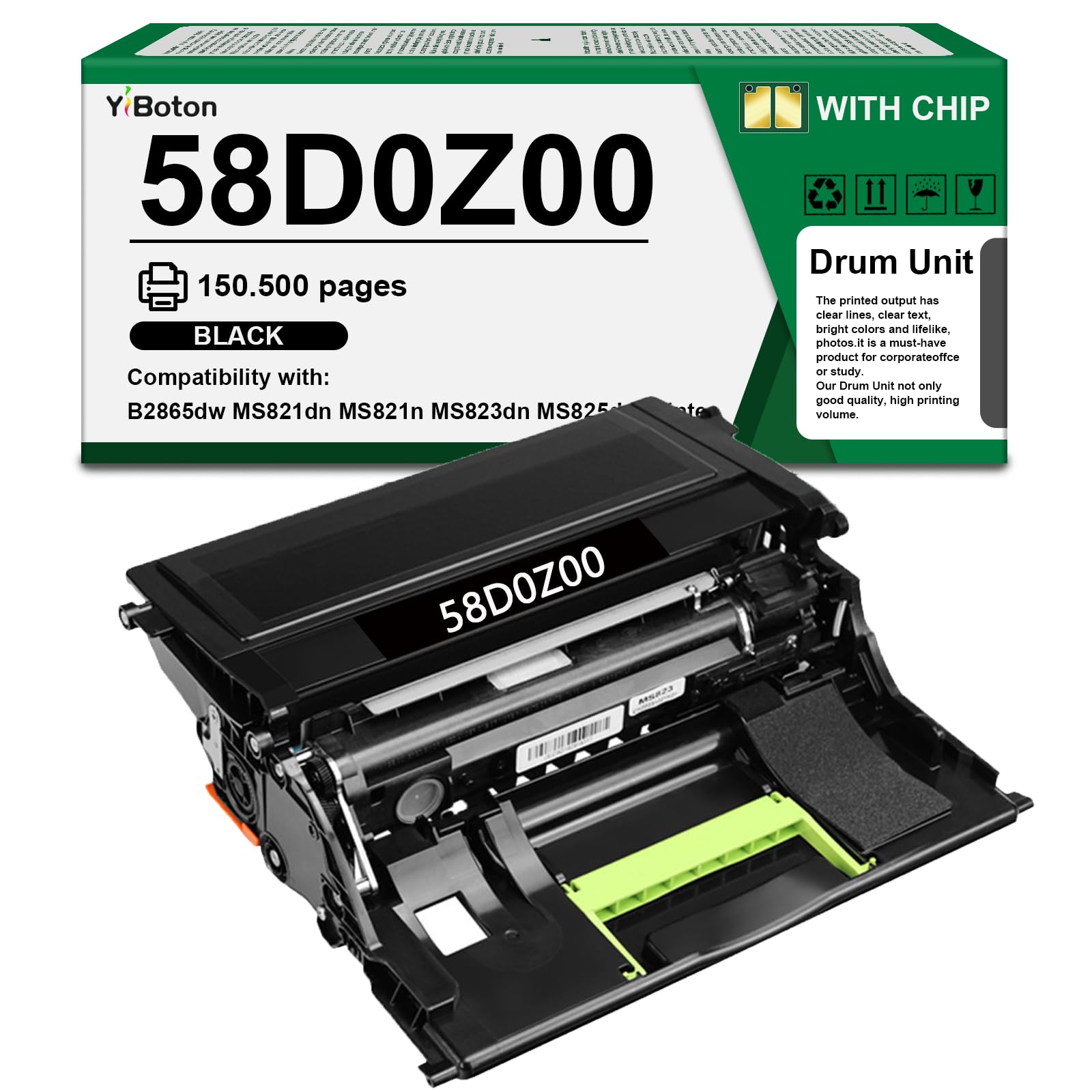 High Yield 58D0Z00 Black Imaging Drum Unit 150,500 Pages | Compatible with Lexmark B2865dw MS821dn MS821n MS823dn MS825dn MS826de MS725dvn MX721ade MX722ade MX822ade MX826ade Printer