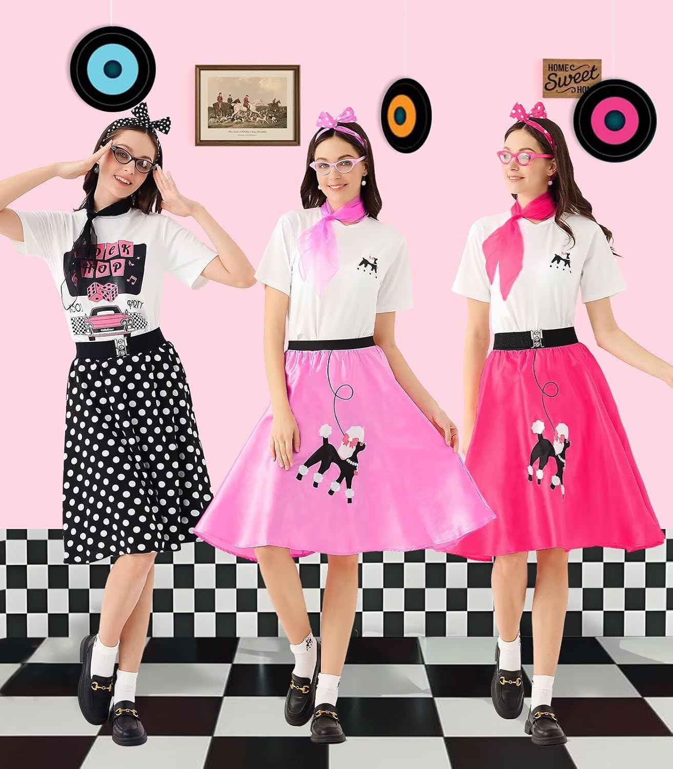 10Pcs Sock Hop Outfits Women, 1950s Poodle Skirts, T-Shirt with 50s Accessories Socks Scarf Headband Belt Earring - Image 5