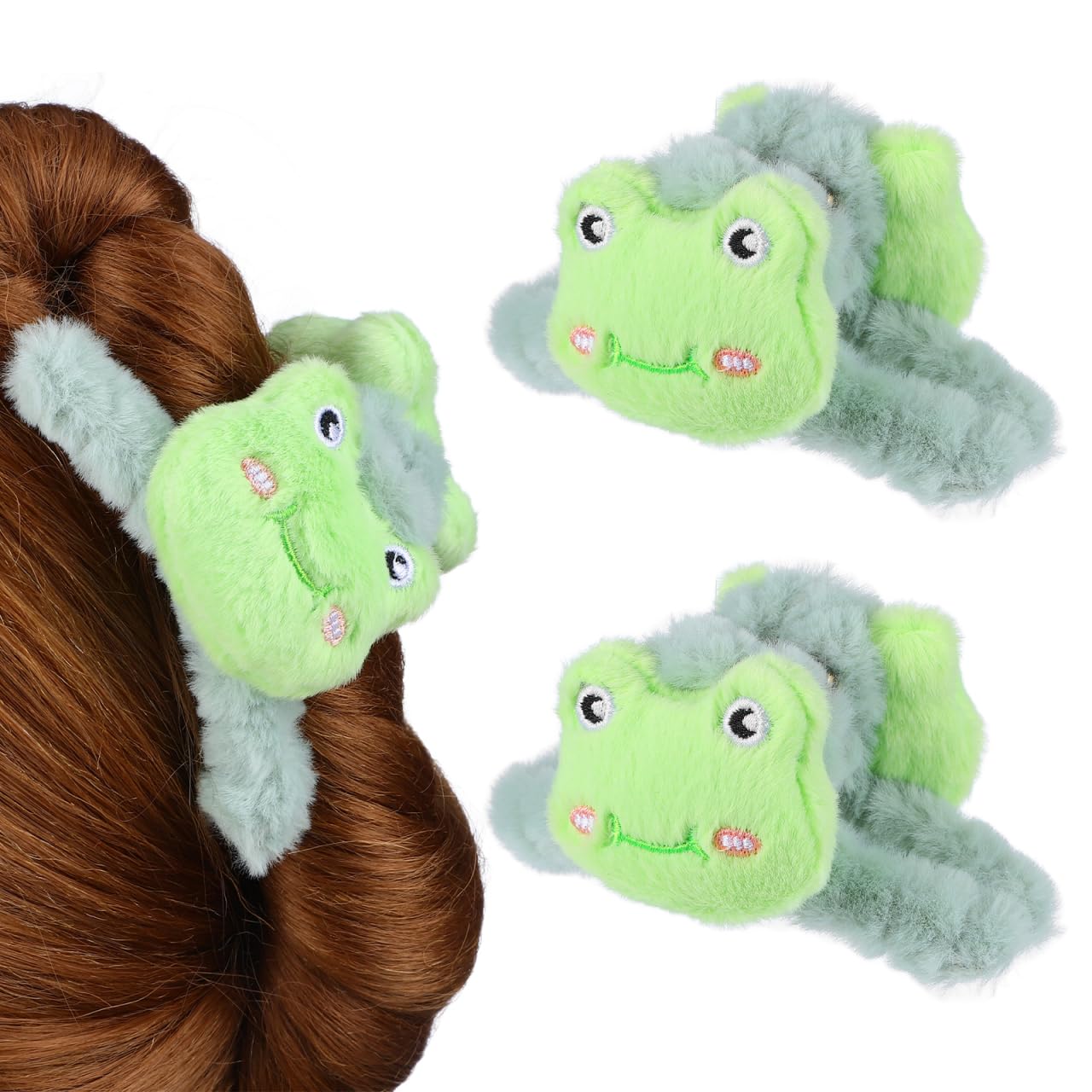 Didiseaon Hair Claws Clips, 2pcs Fluffy Plush Faux Claw Clips Cute Frog Hold Clamps for Girls Women Thick Fine Hairs