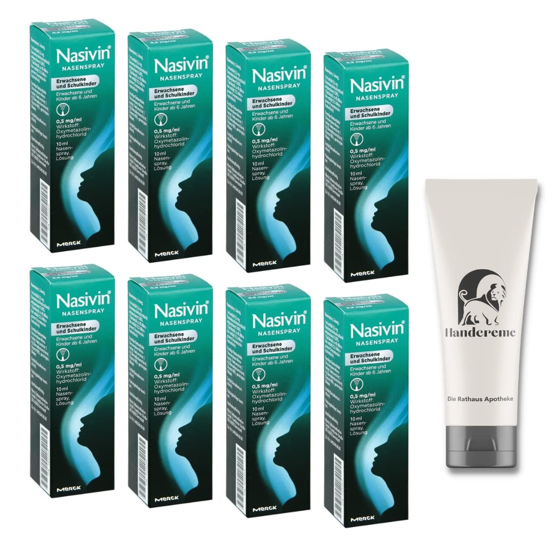 Nasivin Nasenspray Sparset mit 8 x 10 ml - für Erwachsene und Schulkinder - inklusive einer Handcreme von der Rathaus Apotheke - Familienpackung