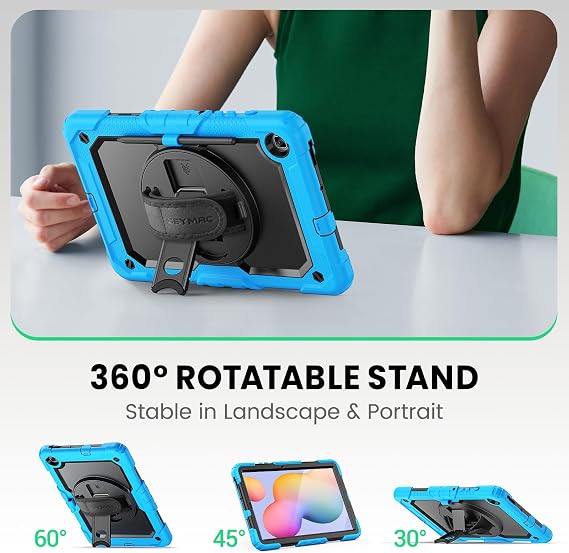 SEYMAC Case for Samsung Galaxy Tab S6 Lite 2024/2022/2020 Shockproof Protective Case with Screen Protector Shoulder Strap 360 Degree Rotating Hand Strap and Stand Case for S6 Lite 10.4 Inch Light Blue