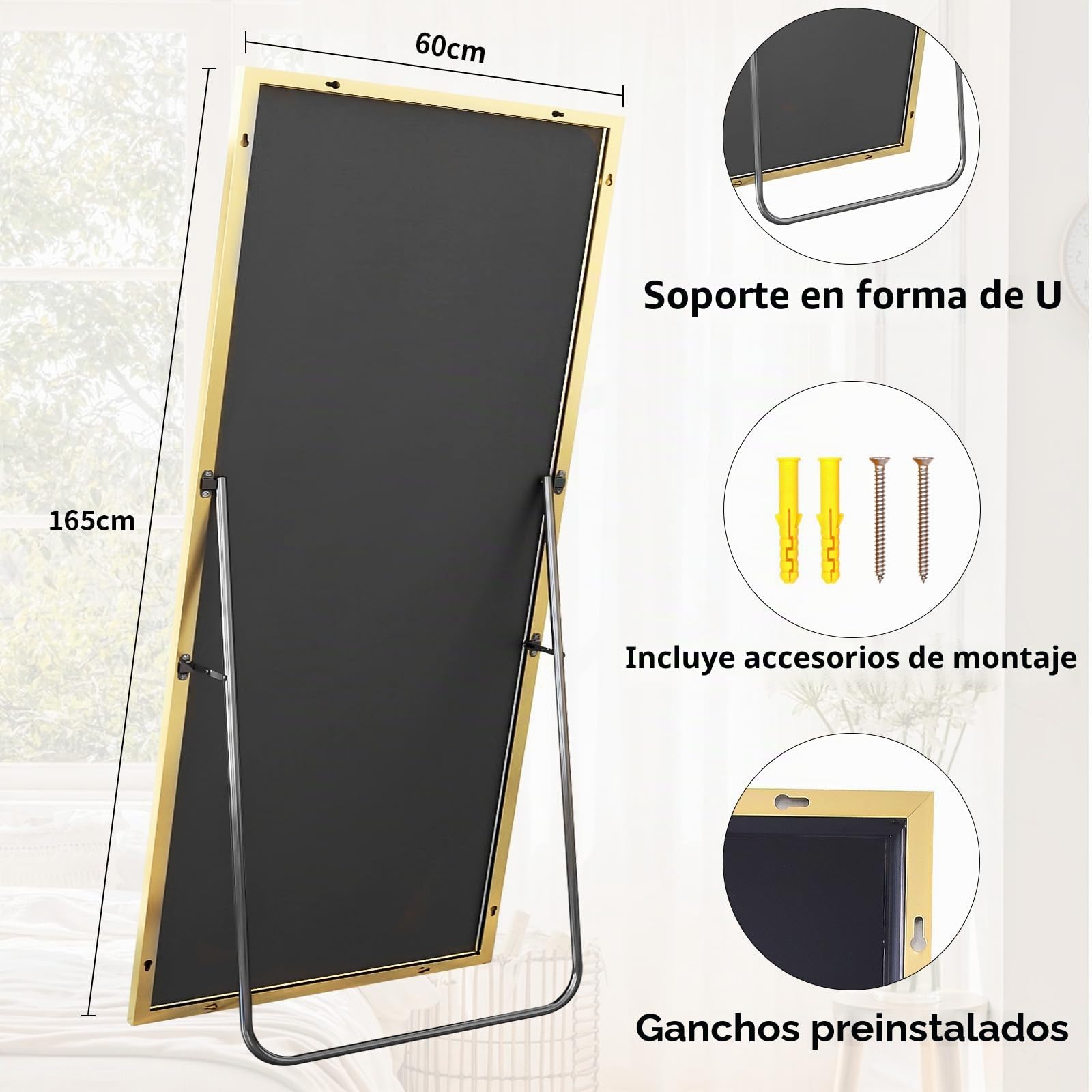 BEAUTYPEAK Espejo de cuerpo entero 60x165 cm a prueba de roturas, espejo de pie colgante, dorado