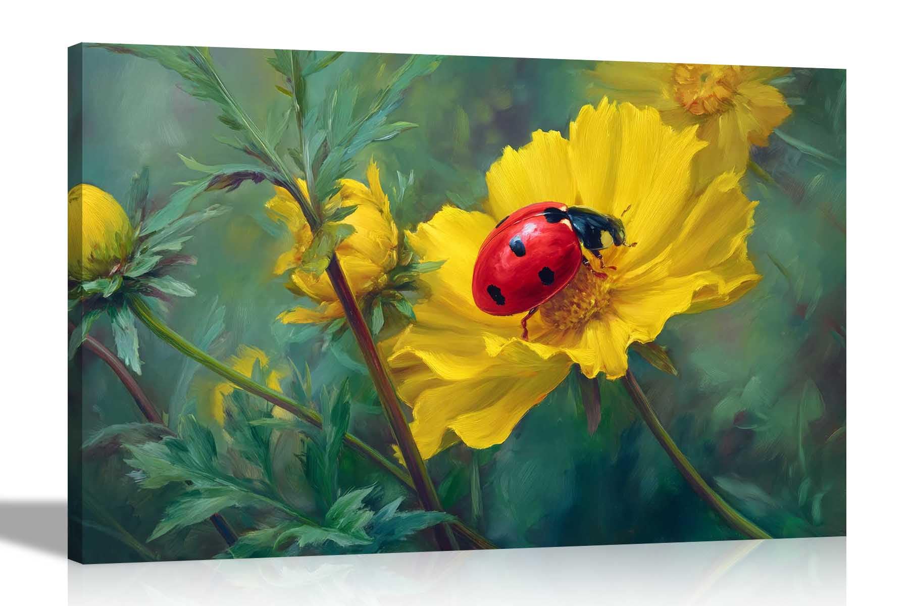 Artley Prints - Ladybug on Yellow Flower in Forest Canvas Prints Art for Living Room, Conservatory, Hallway Home Wall Pictures 60 x 40cm (24 x 16 inches) A2