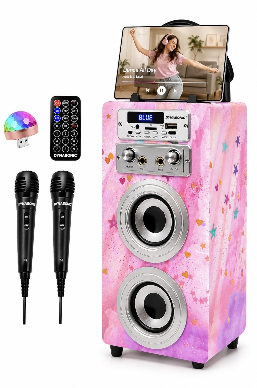 DYNASONIC Przenośna maszyna do karaoke, 2 mikrofony, głośnik Bluetooth, światła, czytnik USB i SD, prezent dla dzieci w wieku 5-13 lat (025-15 LIGHTS)