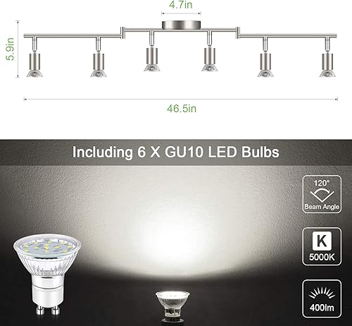 Miniatura 3 de Unicozin Kit de iluminación LED de 6 luces, níquel mate, iluminación de techo de 6 vías, cabezal de luz giratorio flexible, luz de riel moderna