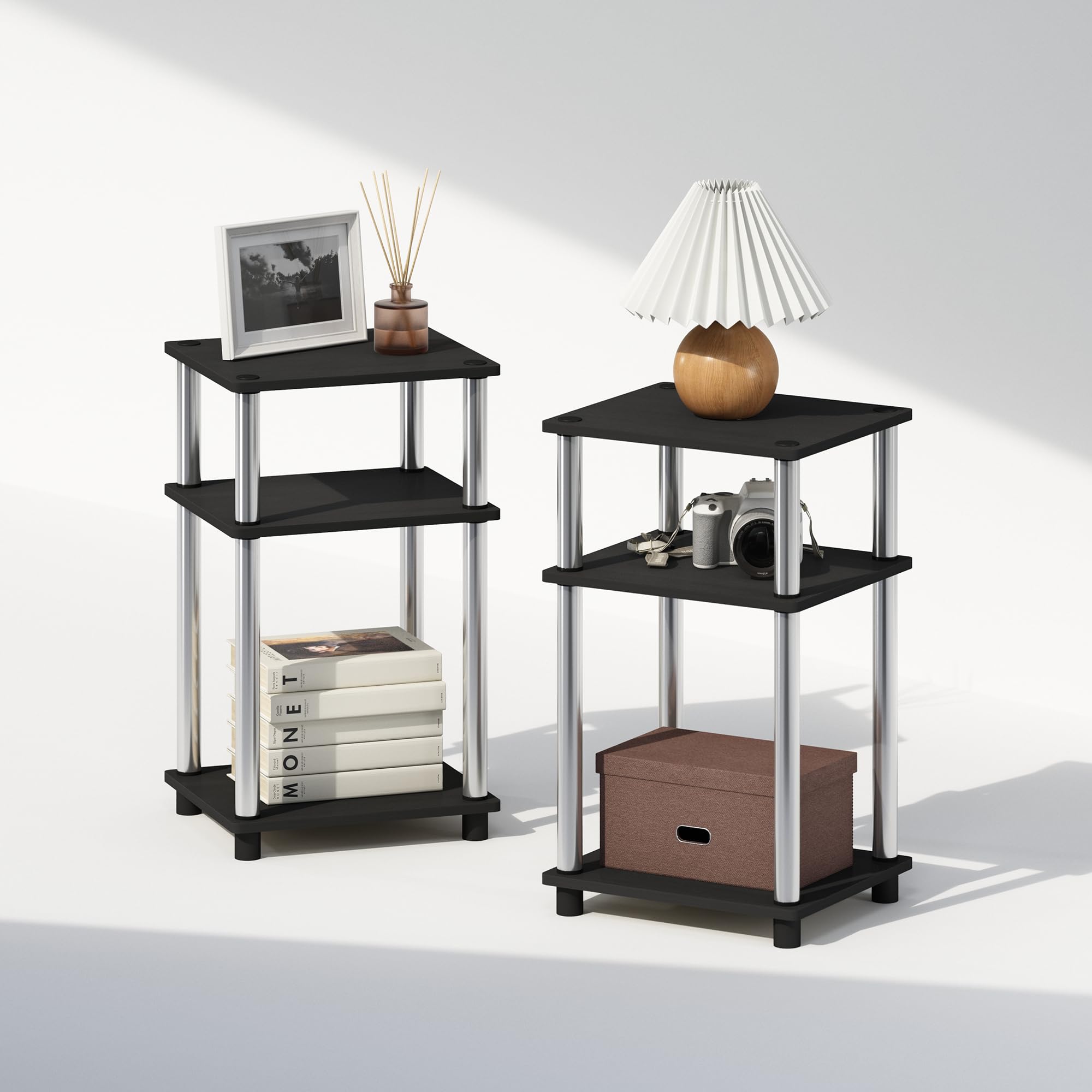 Furinno JUST Night Stand Set of 2, 3-Tier Turn-N-Tube Nightstand, Toolless Bedside Tables, End Table, Side Table with Open Storage for Bedroom, Living Room, Americano/Stainless Steel