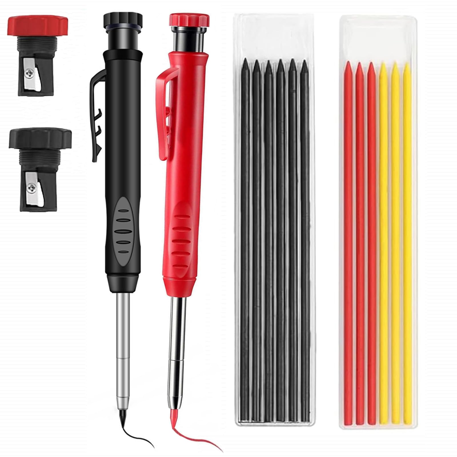 Siganorpy 12 Pencil Refill with 2 Solid 2.8mm Waterproof Carpenters Refills Replacement, Deep Hole Marker Pencil with Sharpener for Architect &Carpenter Woodwork Building (Black+Red)